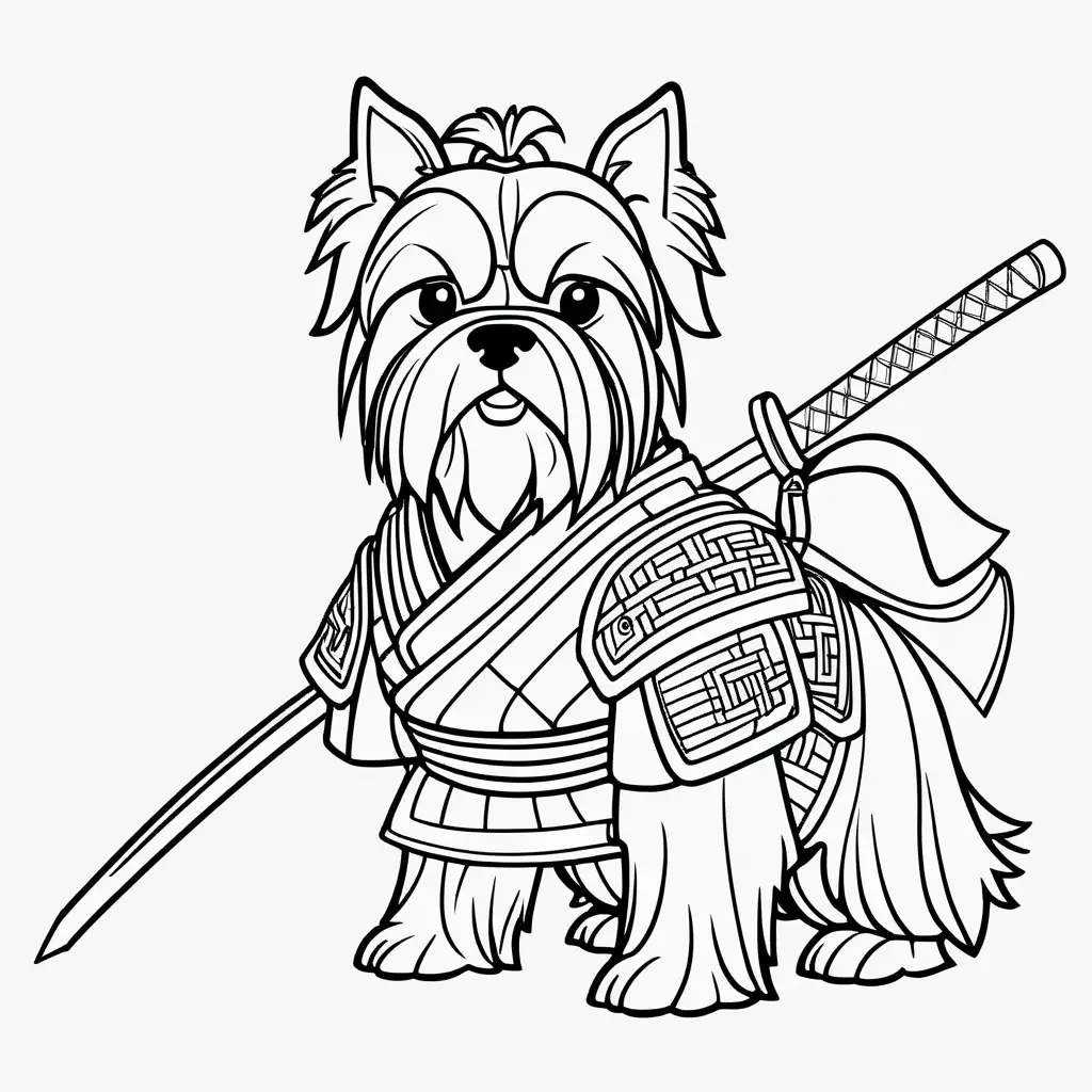 Design a easy to color, continuous line drawing with white background, one line, line art, coloring page for adults, Yorkshire Terrier samurai. The image should be no color in image.--ar 17:22 --style raw