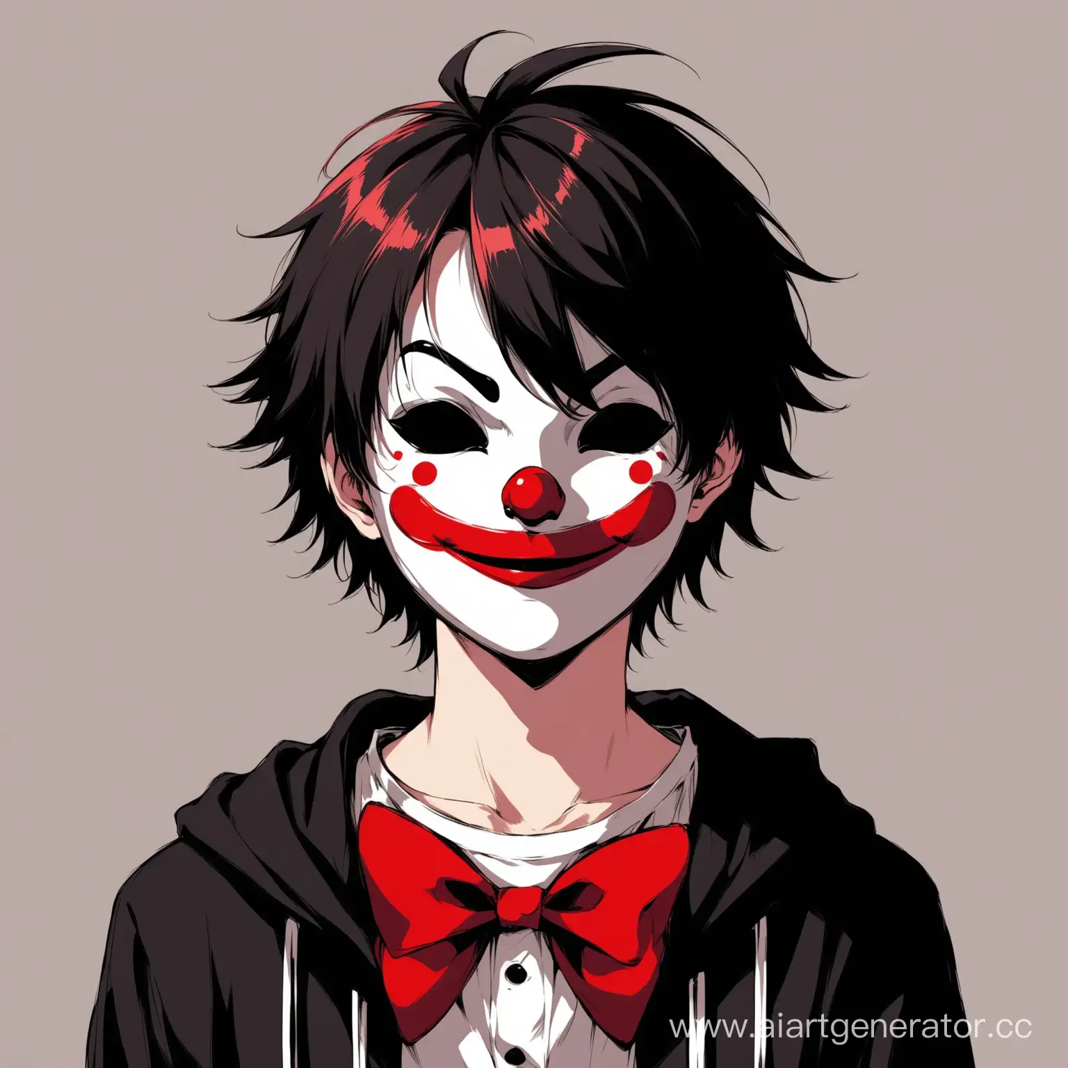 подросток мальчик с маской клоуна вместо лица в аниме стиле в черно красно белом цвете