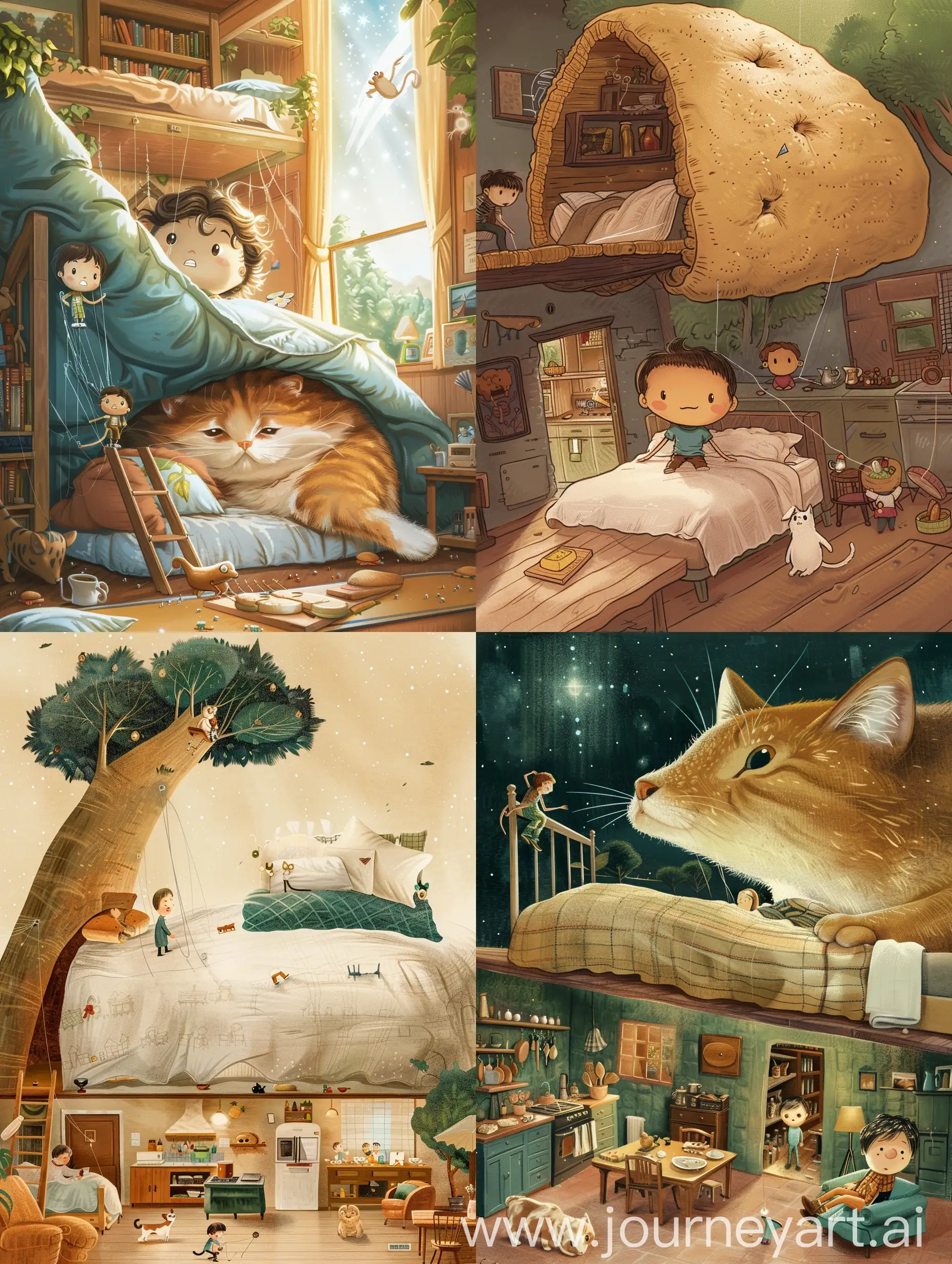 1. Morning of Wonder: The main character wakes up in the giant bed and looks puzzled at the giant furniture around him. The facial expression showed surprise.
2. Try to communicate: The protagonist tries to communicate with an indoor pet (like a cat that now looks huge), but the cat just looks at them curiously.
3. Mini Adventure: The protagonist uses thread and needle as climbing tools and struggles to get down from the bed. Demonstrate creative solutions and attention to detail.
4. Search for food: The protagonist explores the kitchen, trying to climb onto the table to find food. You can show them in comparison to a slice of bread, add humor.
5. Unexpected encounter: Under the table, the main character meets another mini man. The two smile at each other, heralding a new friendship and possible adventures.

6. Teamwork: The main character works with a new friend to build a small slide that makes it easy to slide from the table to the ground.
7. Pet Riding adventure: They get on a pet (cat or dog) and ride through the "jungle" (living room of the house), which is full of action and fun.
8. Discover a New World: In a corner of the living room, they discover an entrance to a community of mini-people, suggesting a world they didn't know existed before.
9. Joyous party: The main character and new friends attend a small party of the Mini people community, showcasing a variety of miniature food and entertainment.
10. Under the stars at night: The story ends with the main character and his new friends sitting on a windowsill, looking up at the stars, leaving him looking forward to future adventures.