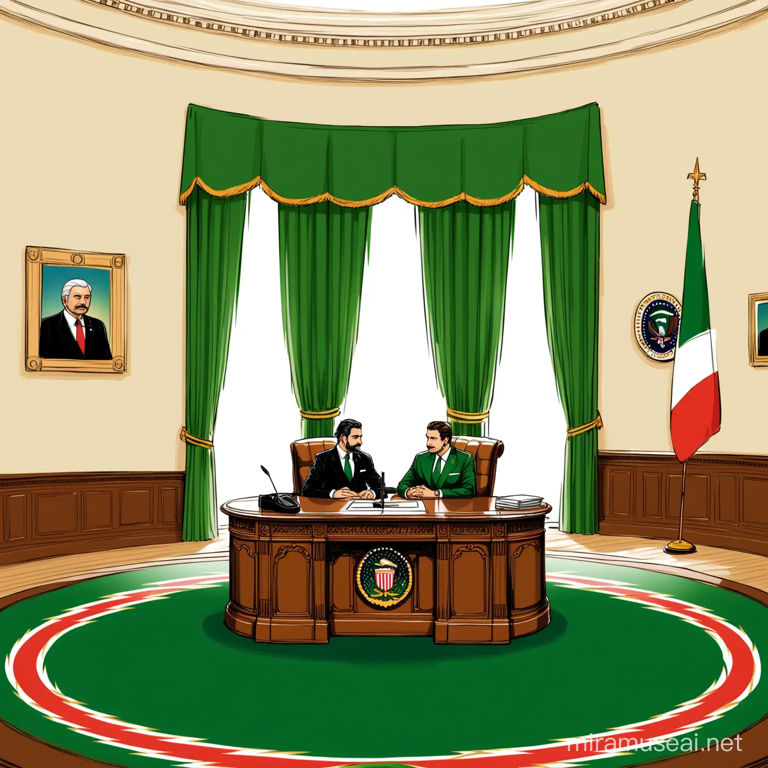 The background is the Oval Office in Italy.

The boss and a handsome gentleman are having a meeting.

You are wearing a green suit set and black shoes.

On the walls of the Oval Office stands the flag of Italy.