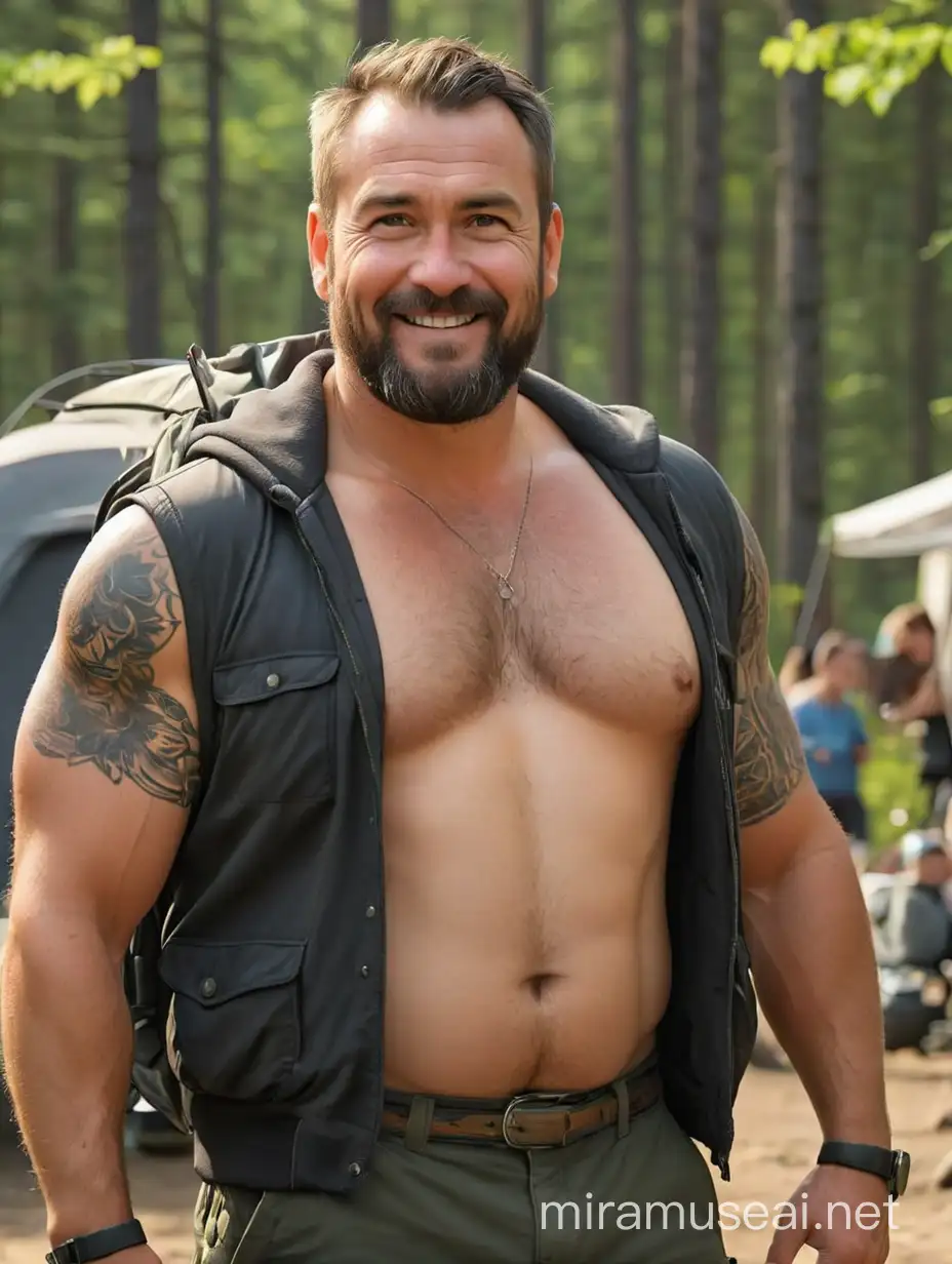 Charismatic MiddleAged Truck Driver Posing Shirtless in Finnish Wilderness