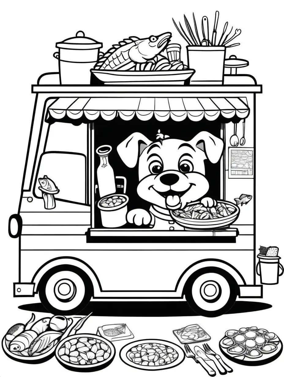 Create a coloring book page for children or adults. A simple dog chef with his seafood food truck. The image should have no shading or black colors, make sure the animal fits in the picture fully and just clear lines for coloring. make all images with more cartoon faces and smiling