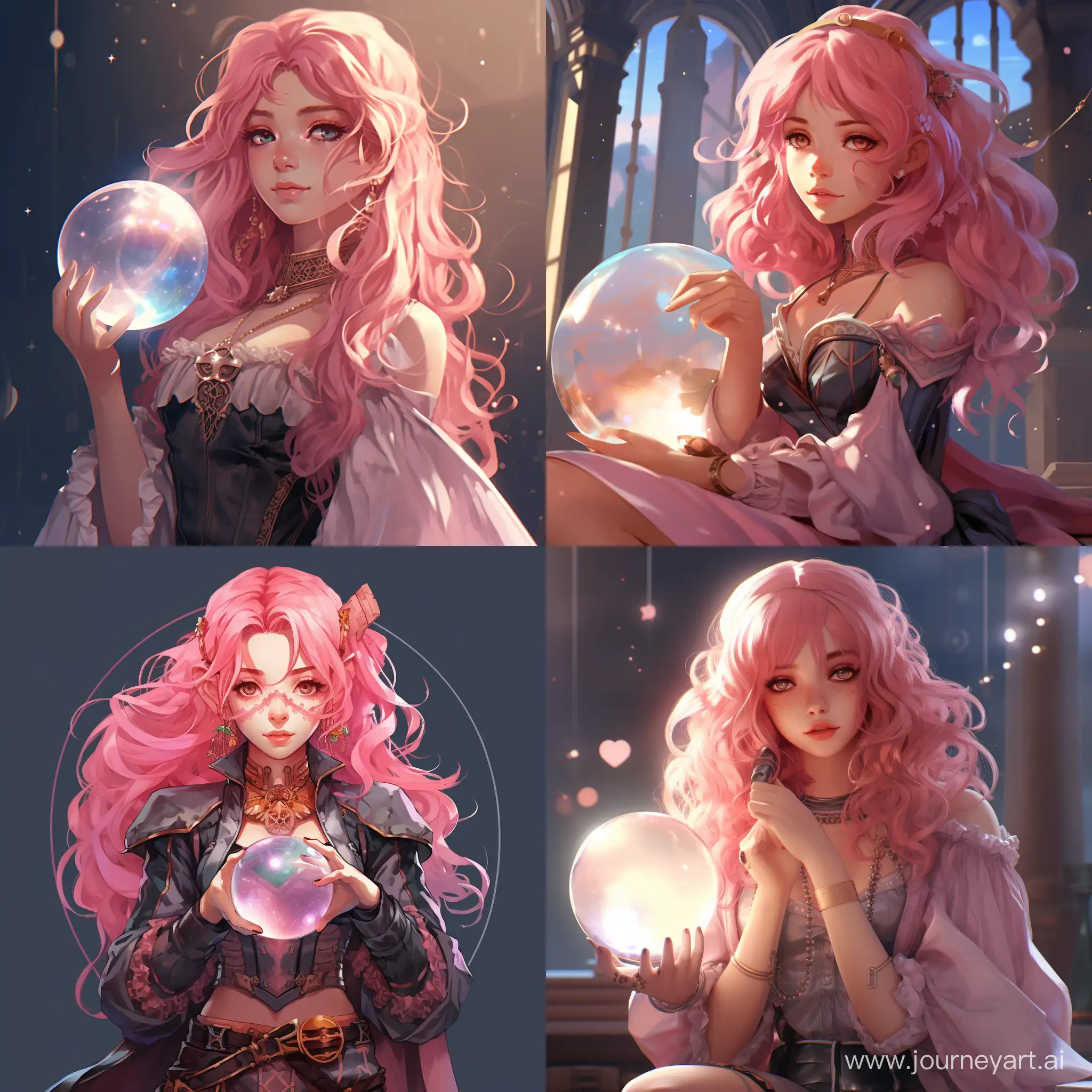 Anime wizard girl with pink hair and a crystal ball