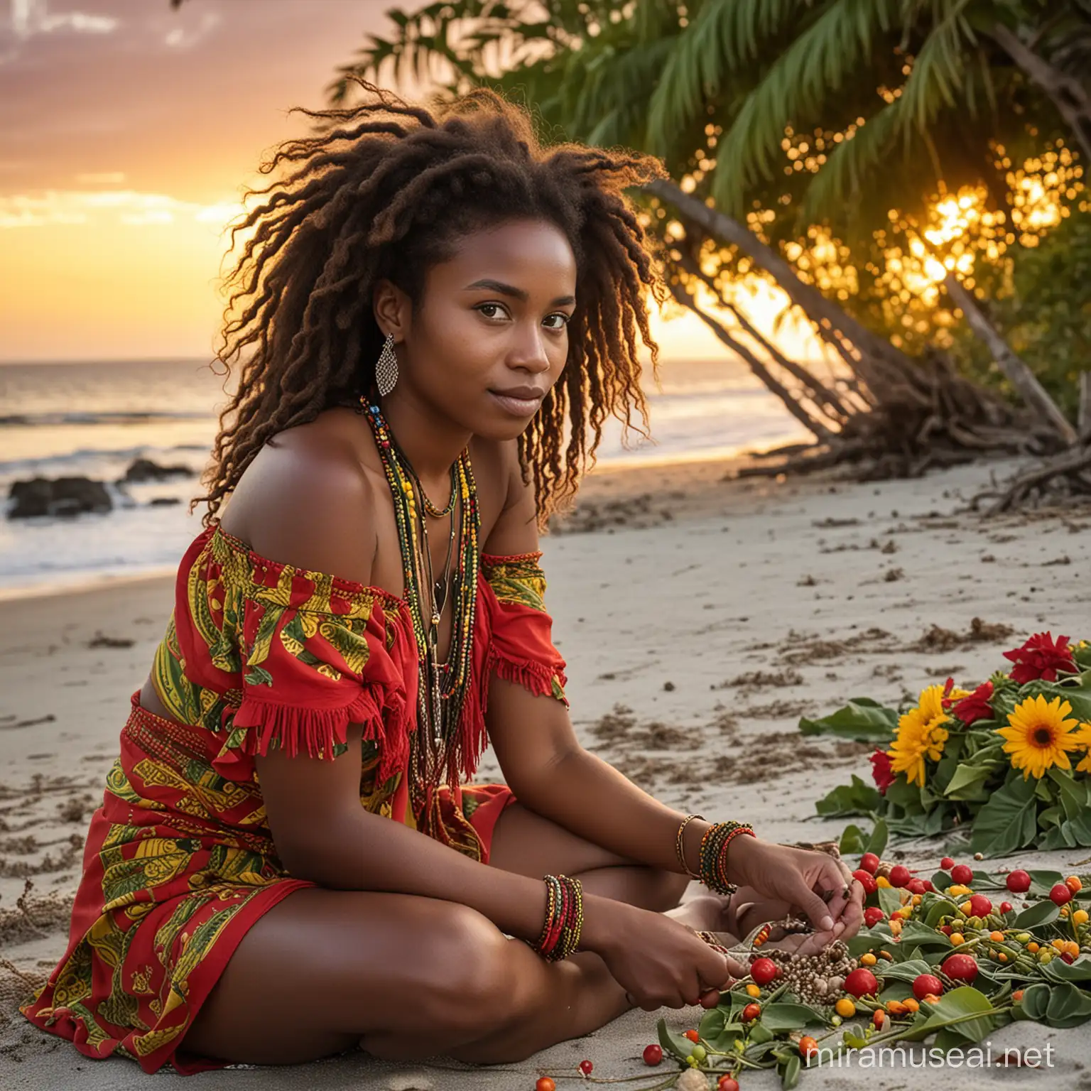 real photo: Papuan girls aged around 20 to 25 years, black skinned with curly hair or dreadlocks and beautiful faces wearing red, yellow and green clothes, sitting while making jewelry from leaves and flowers on the beach at a beautiful sunset