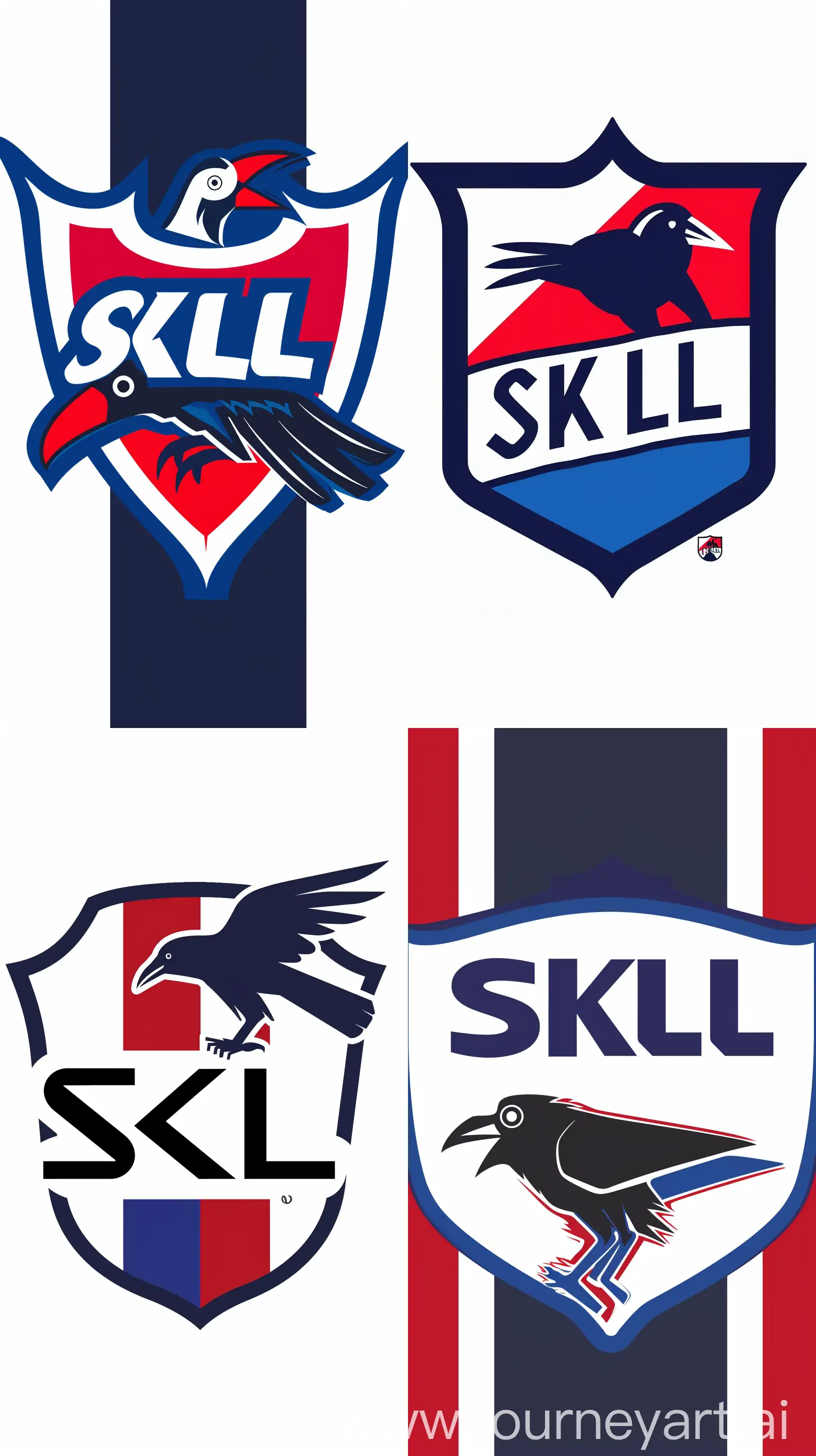 football team logo, club name SKL, style nhl, established 1924, team colours are white, blue and red, team animal is crow --style raw --s 0 --ar 9:16
