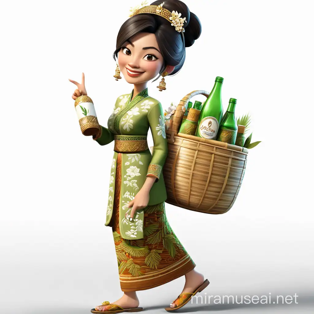 Realistic 4D Caricature of a Young Indonesian Woman in Traditional Green Kebaya with Bamboo Basket