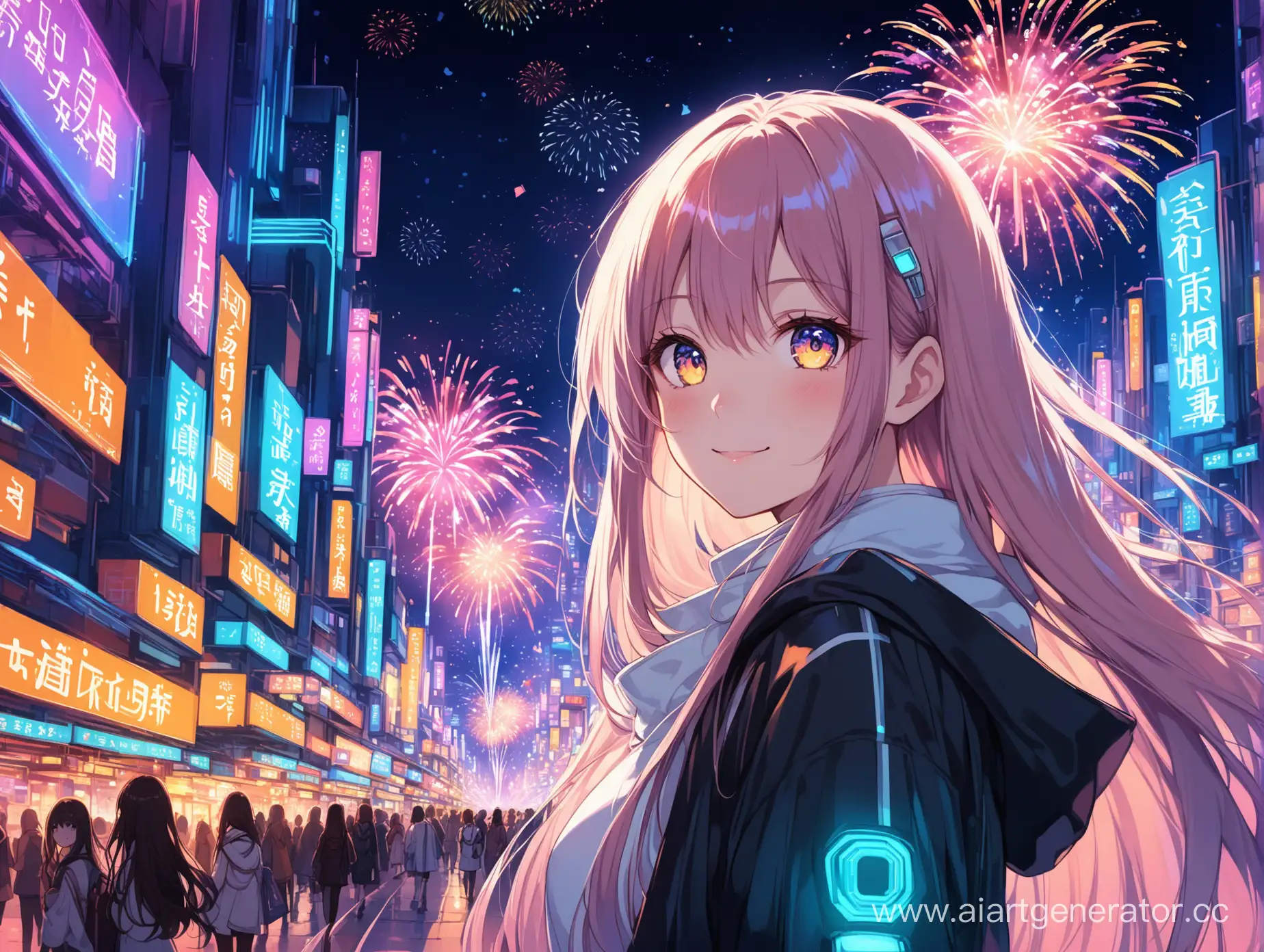 anime girl with long hair, looking at you, looking at camera, smile, neon city, fireworks, futuristic