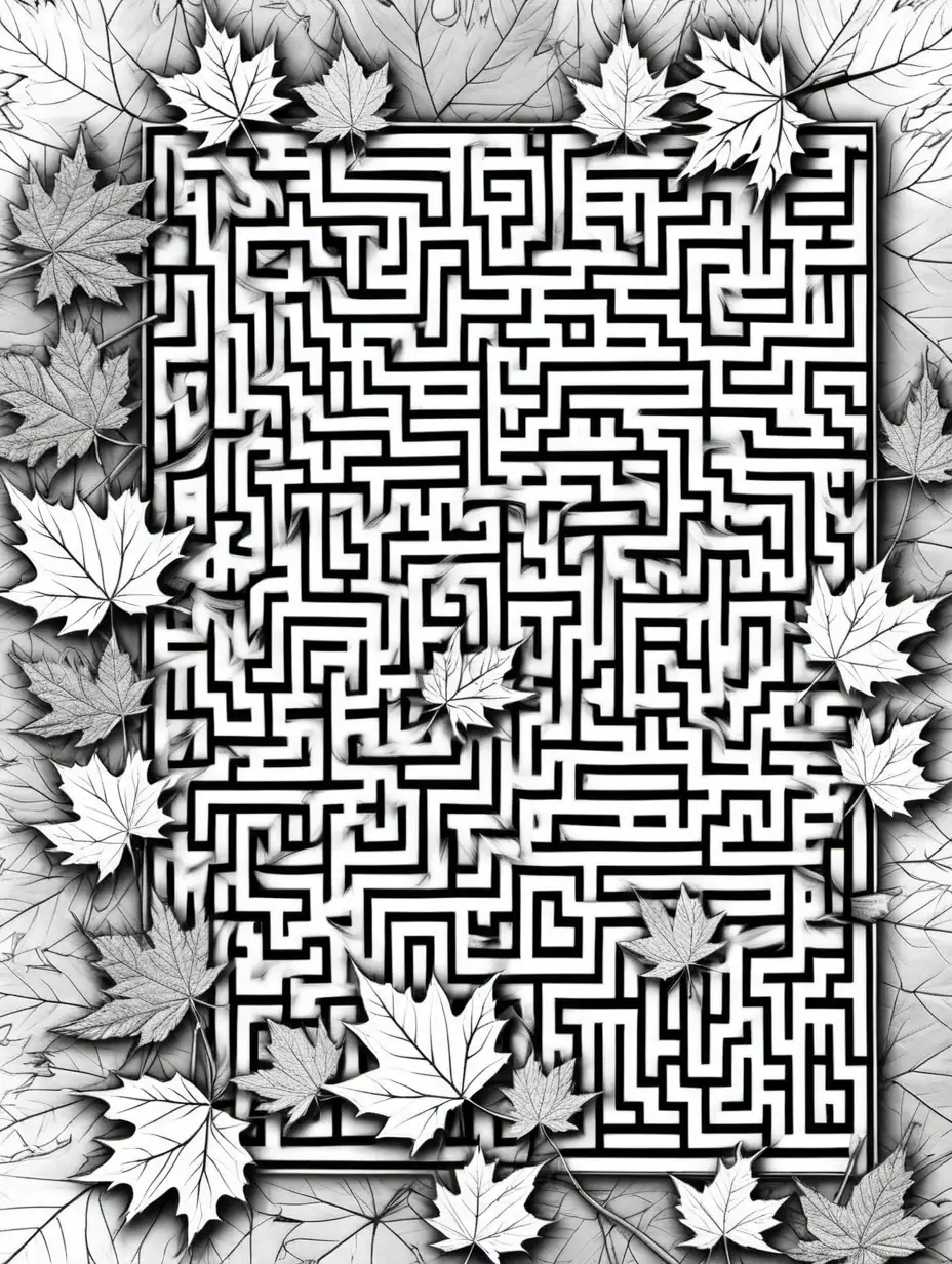 Maple Leaves, 1 per page, High definition, gray scale Maze
