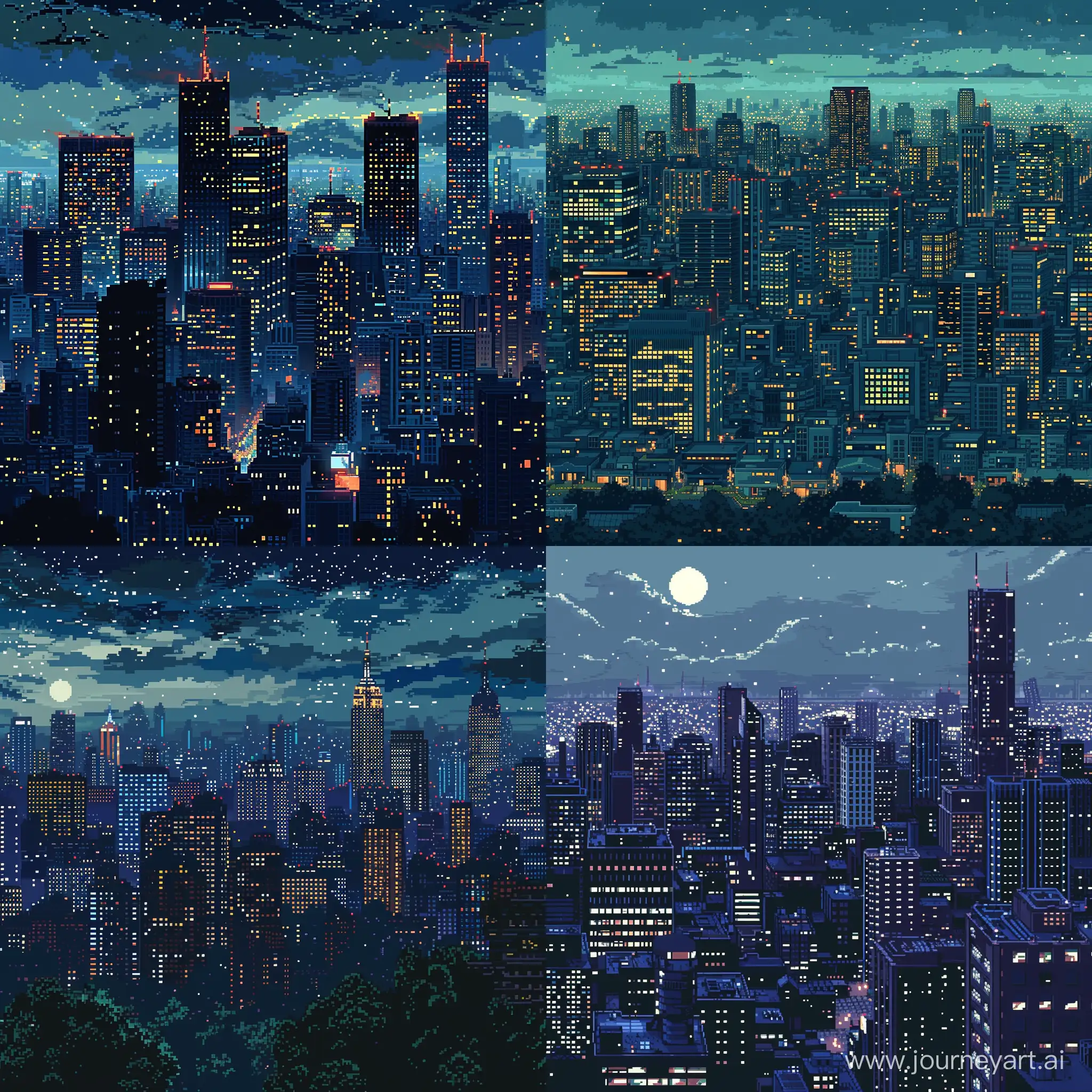 8-bit style, landscape architecture of a big city in the night, with lots of light, but full of darkness, retro design, no perspective, we are not in the city, we just look the city from an outside, more texture, 