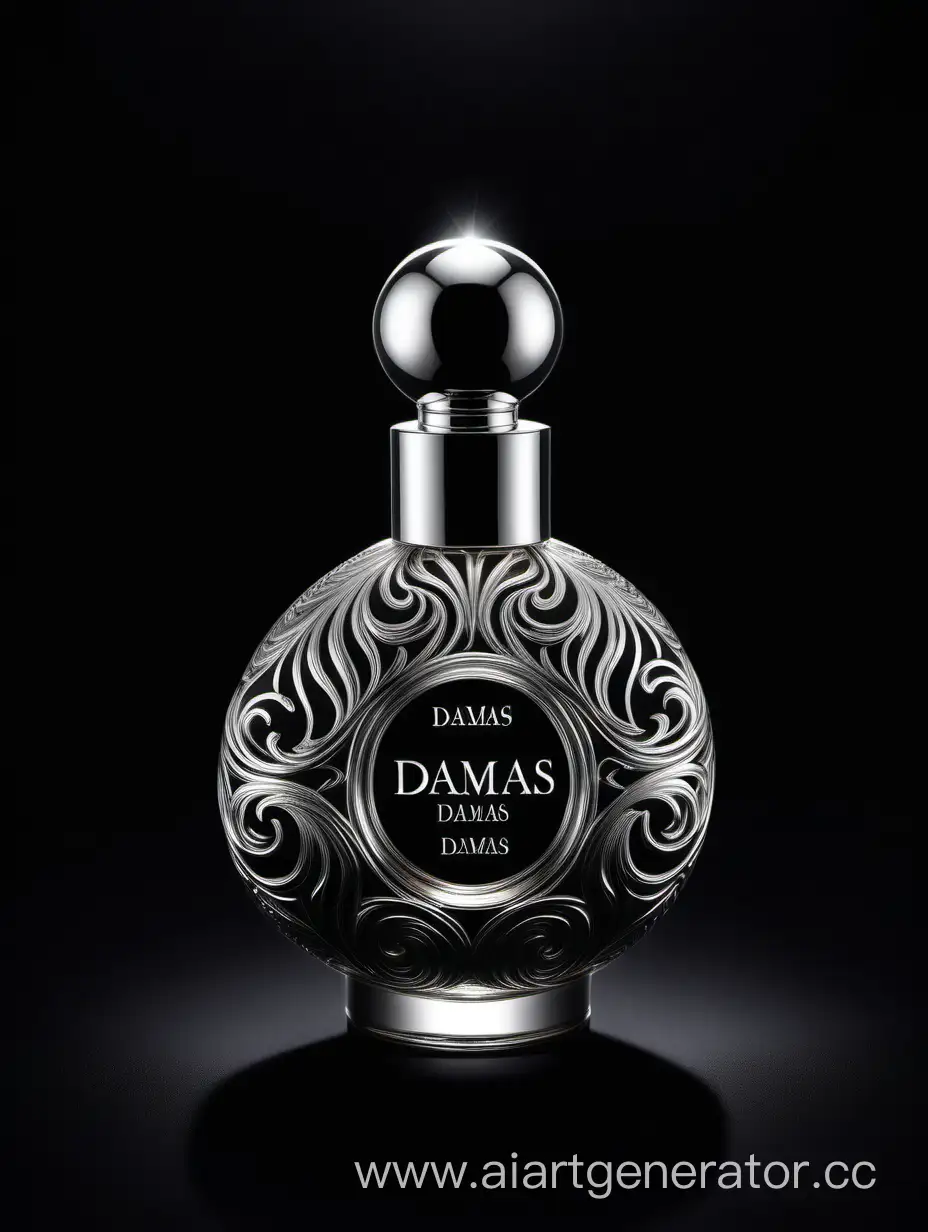 A luxurious (((silver and dark matt black perfume))), crafted with intricate 3D details reflecting light around a ((black background)), with a elegant ((Damas text logo))