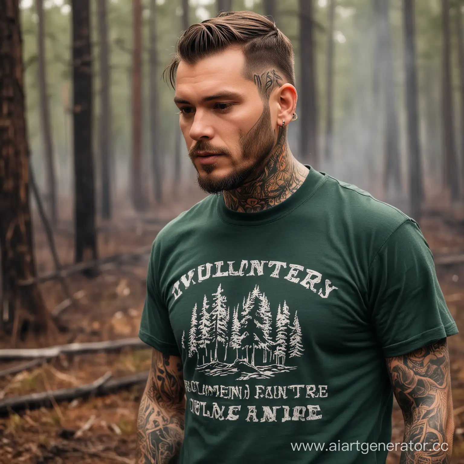A singer with tattoos on his face extinguishes a forest fire in a volunteer T-shirt
