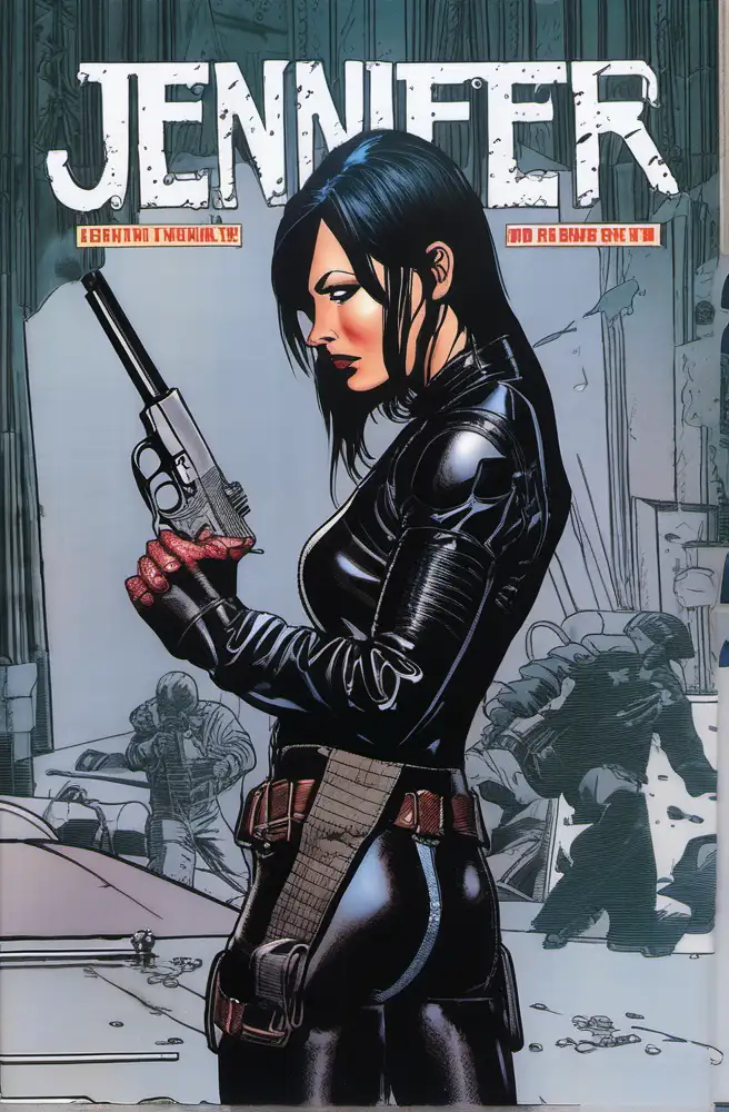 Jennifer blood comic cover, Leather combat suit, holding pistol, Back view 