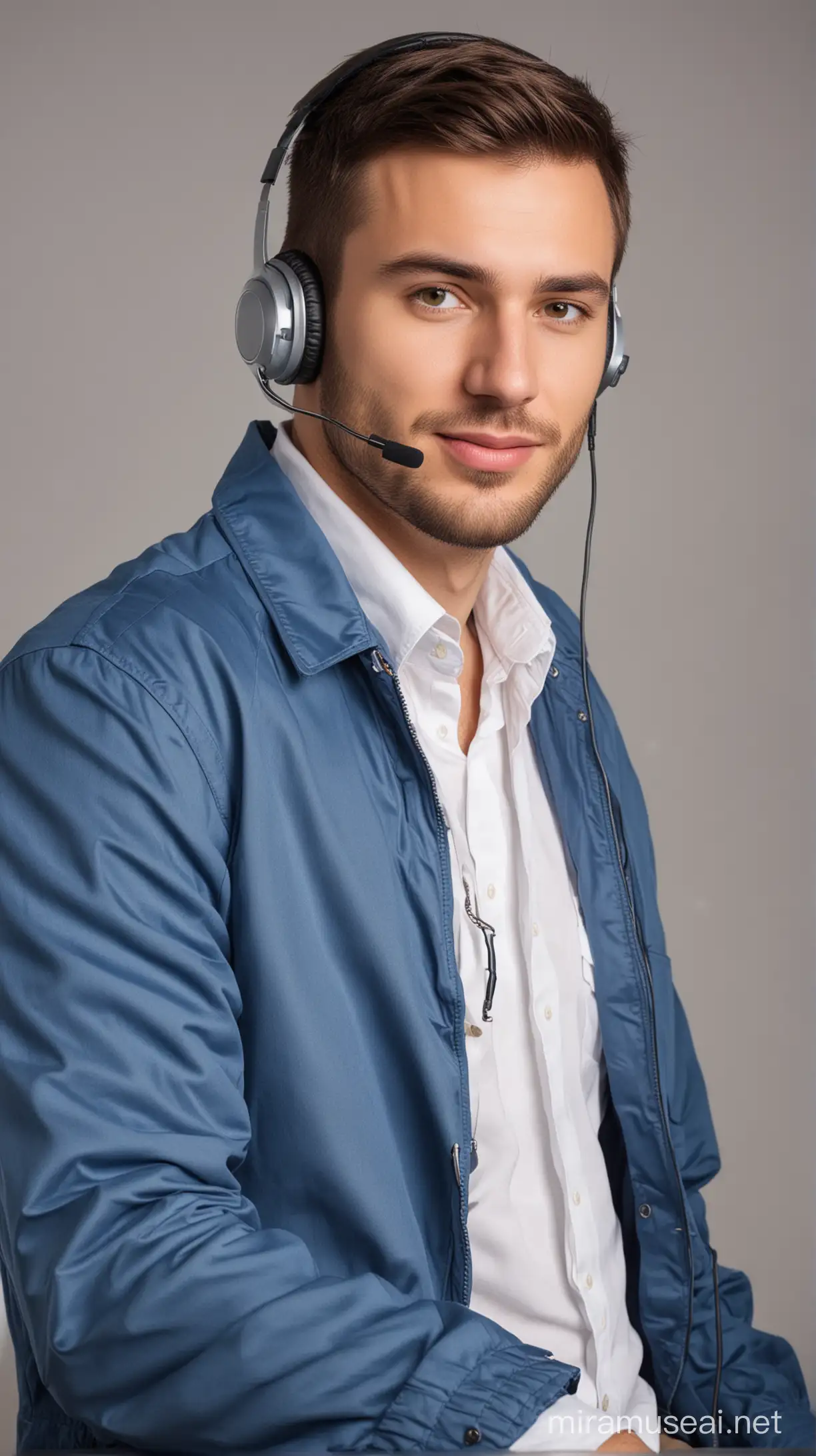 Operario de Call Center, con auriculares y un micrófono. Está vestido con un saco azul, camisa blanca. Está sentado.