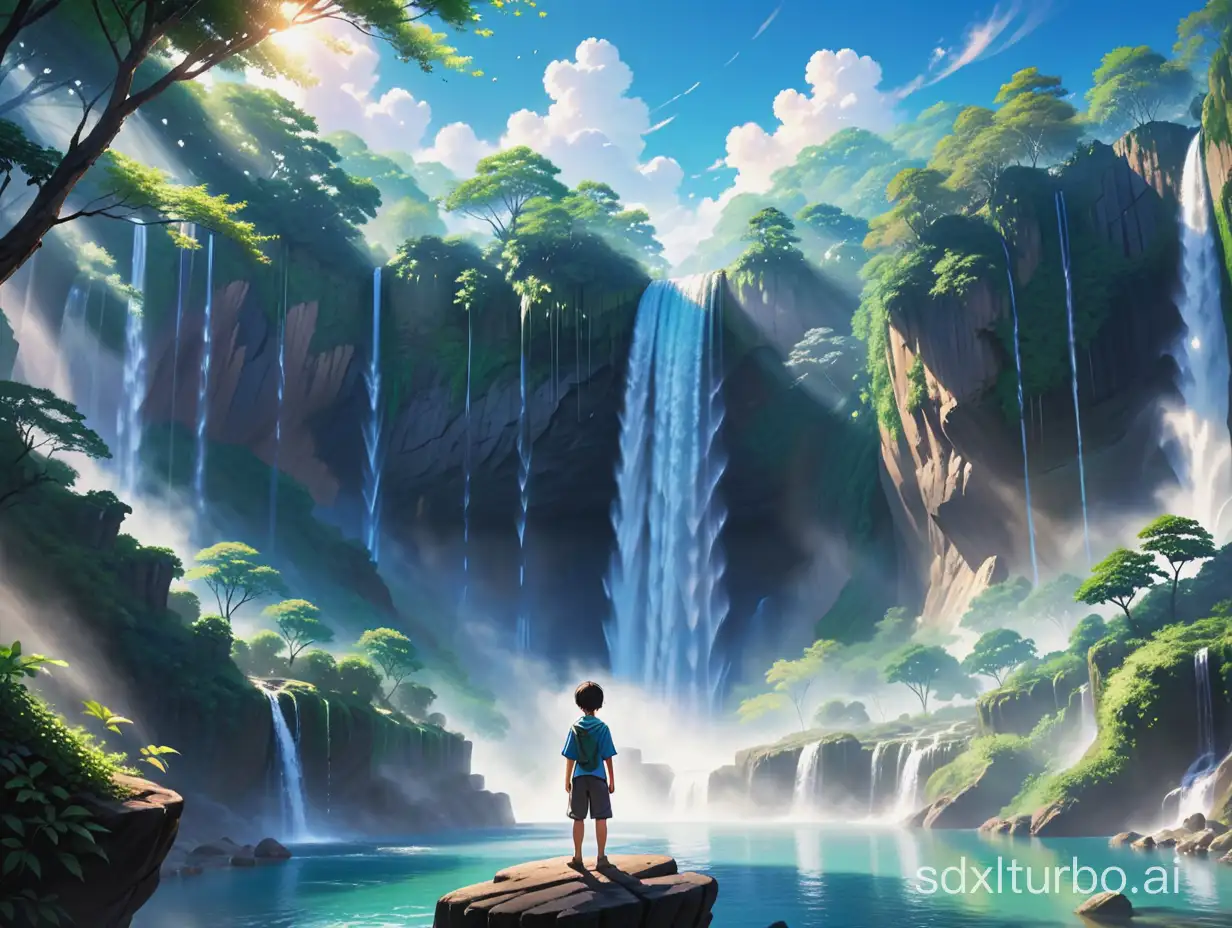 Japanese anime style，A breathtaking scene of a young boy standing on the edge of a majestic cliff, surrounded by the beauty of nature. The boy, with his back to the viewer, gazes at the stunning waterfall that cascades down the cliff, creating a refreshing mist. The lush greenery on the rocky terrain adds a sense of harmony with nature, while the bright blue sky above accentuates the serenity of the moment. The clear waterfall blends seamlessly with the sky, creating a mesmerizing visual effect. The overall atmosphere of the image is tranquil and awe-inspiring, evoking a deep appreciation for the natural world and its beauty.