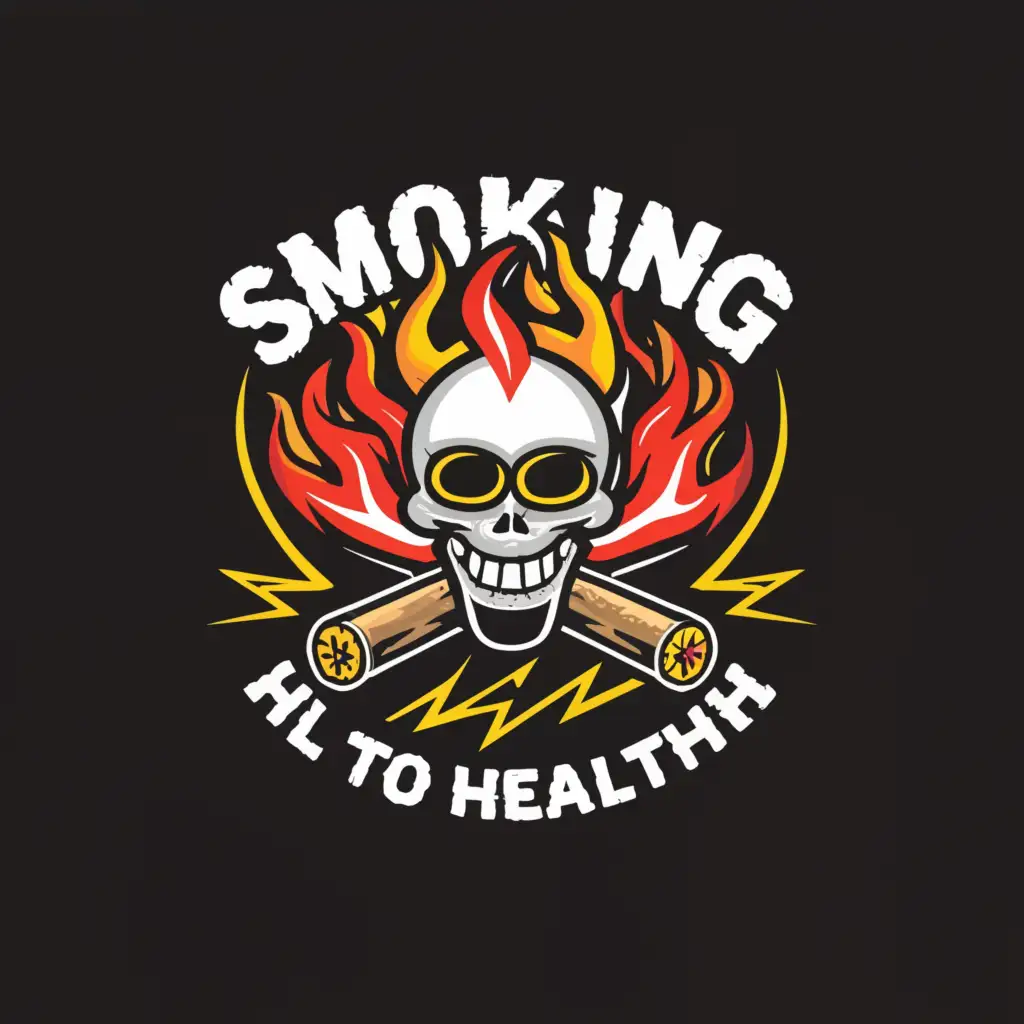 a logo design,with the text "SMOKING IS HARMFUL TO HEALTH!
", main symbol:cigarettes, skull, lightning, fire.,Moderate,clear background