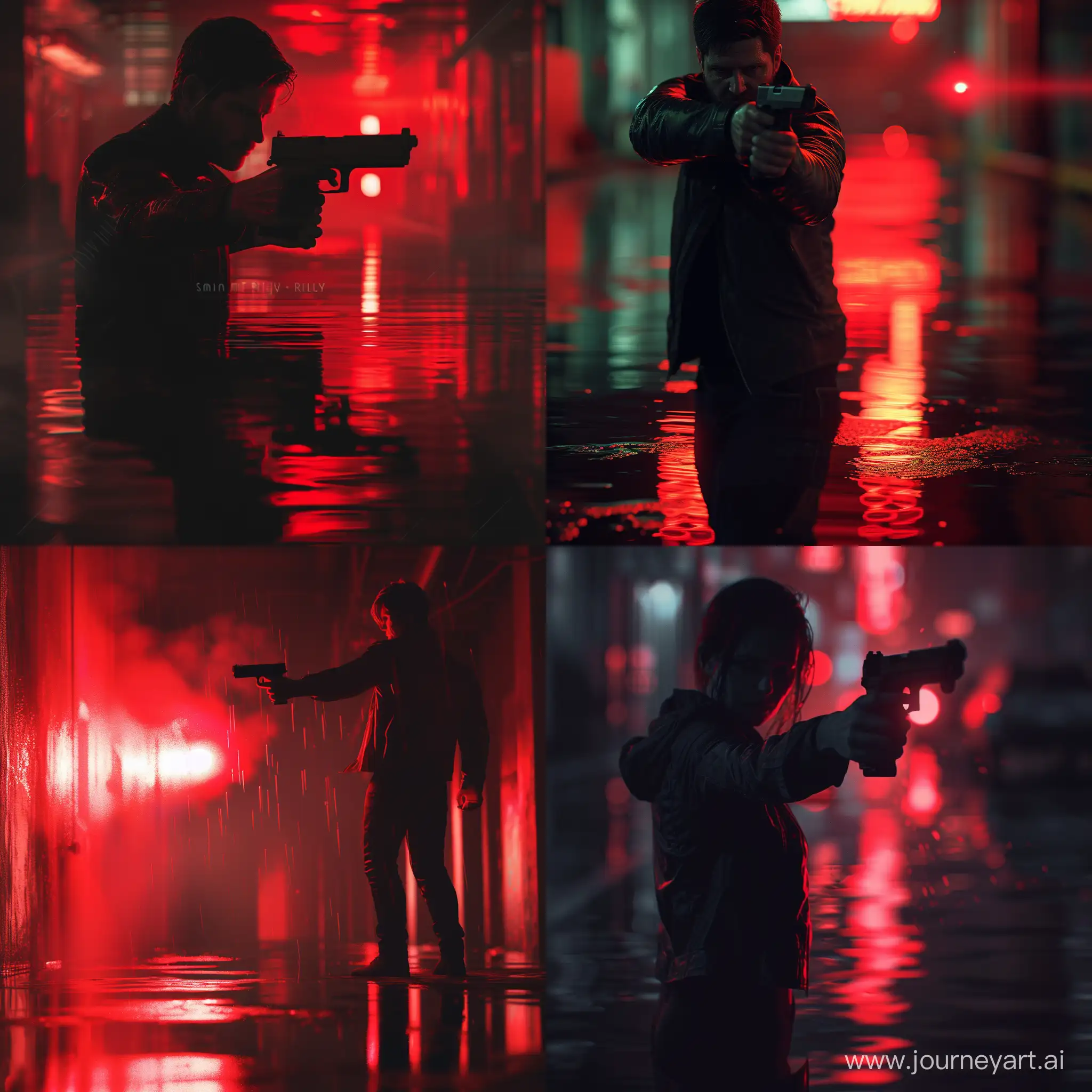 Simon Riely "Ghost" With a gun in hand in the middle of Dark Place, Red Light Reflection, Cinematic Pose, Medium Shot, Affinity Designer Software, High Precision--v 6