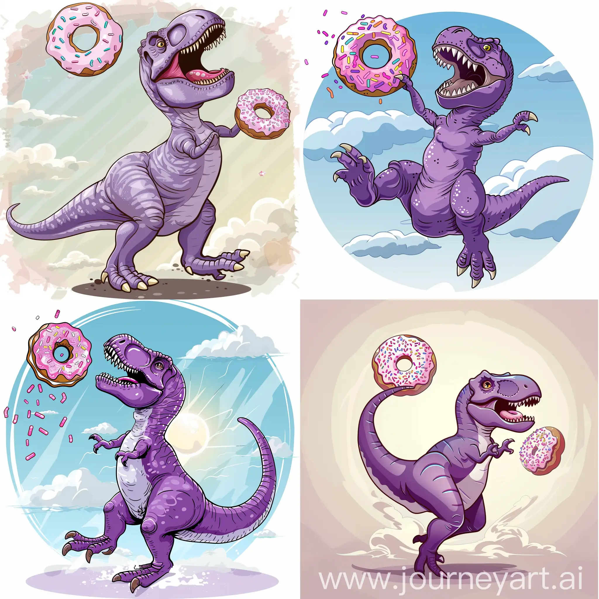 Cartoon of Little purple T-rex roaring into the air holding a pink sprinkle covered donut