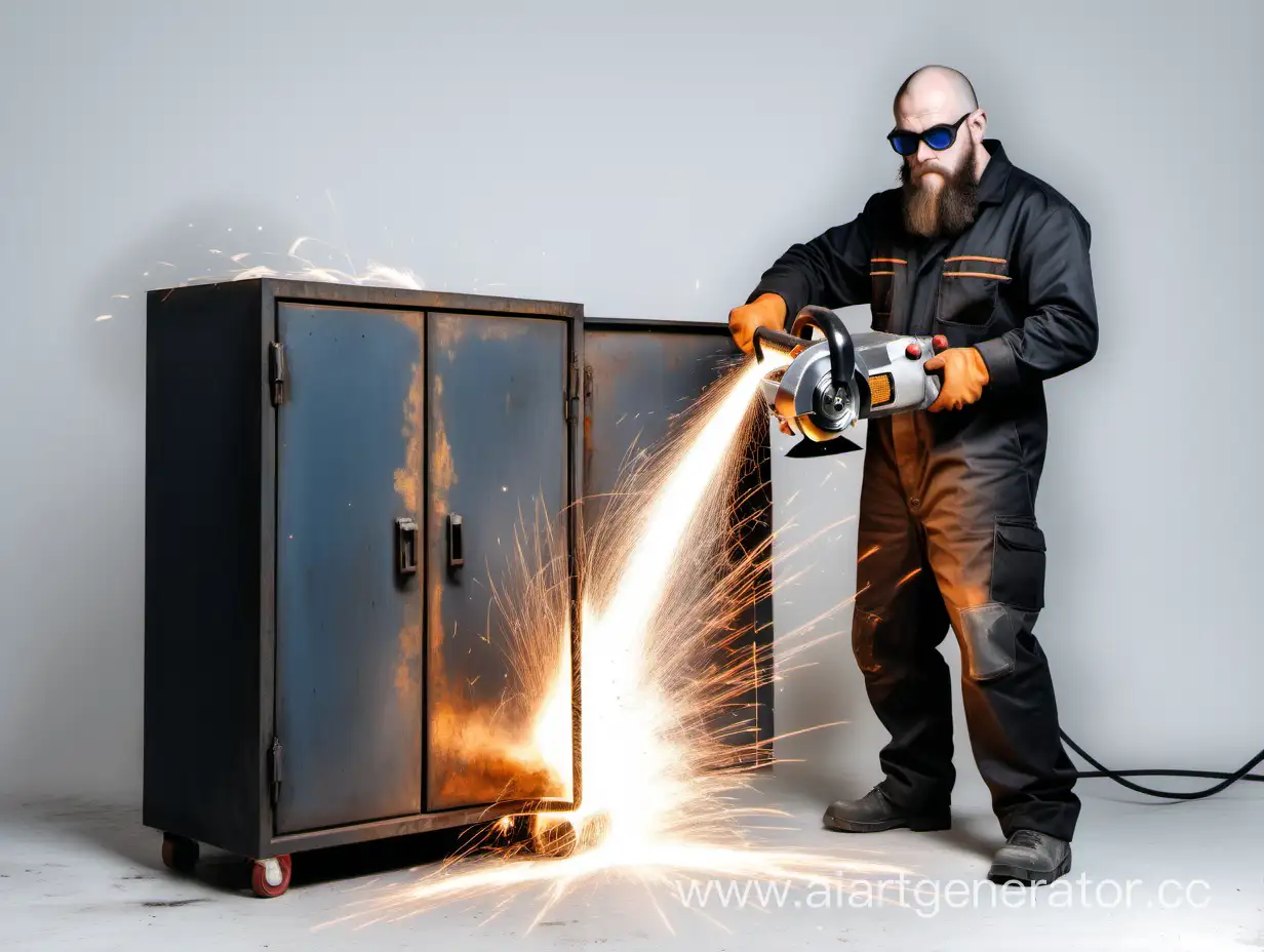 Bearded-Man-Using-Angle-Grinder-to-Cut-Rusty-Metal-Cabinet-with-Sparks-Flying