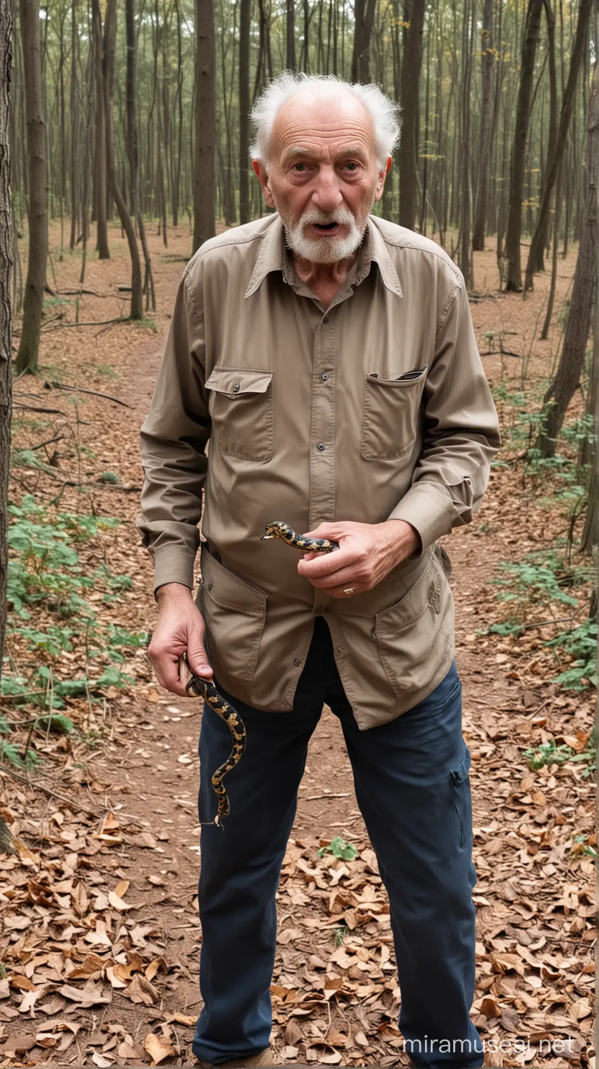 Eccentric Grandfather Captures Forest Serenity with Pocketed Snake