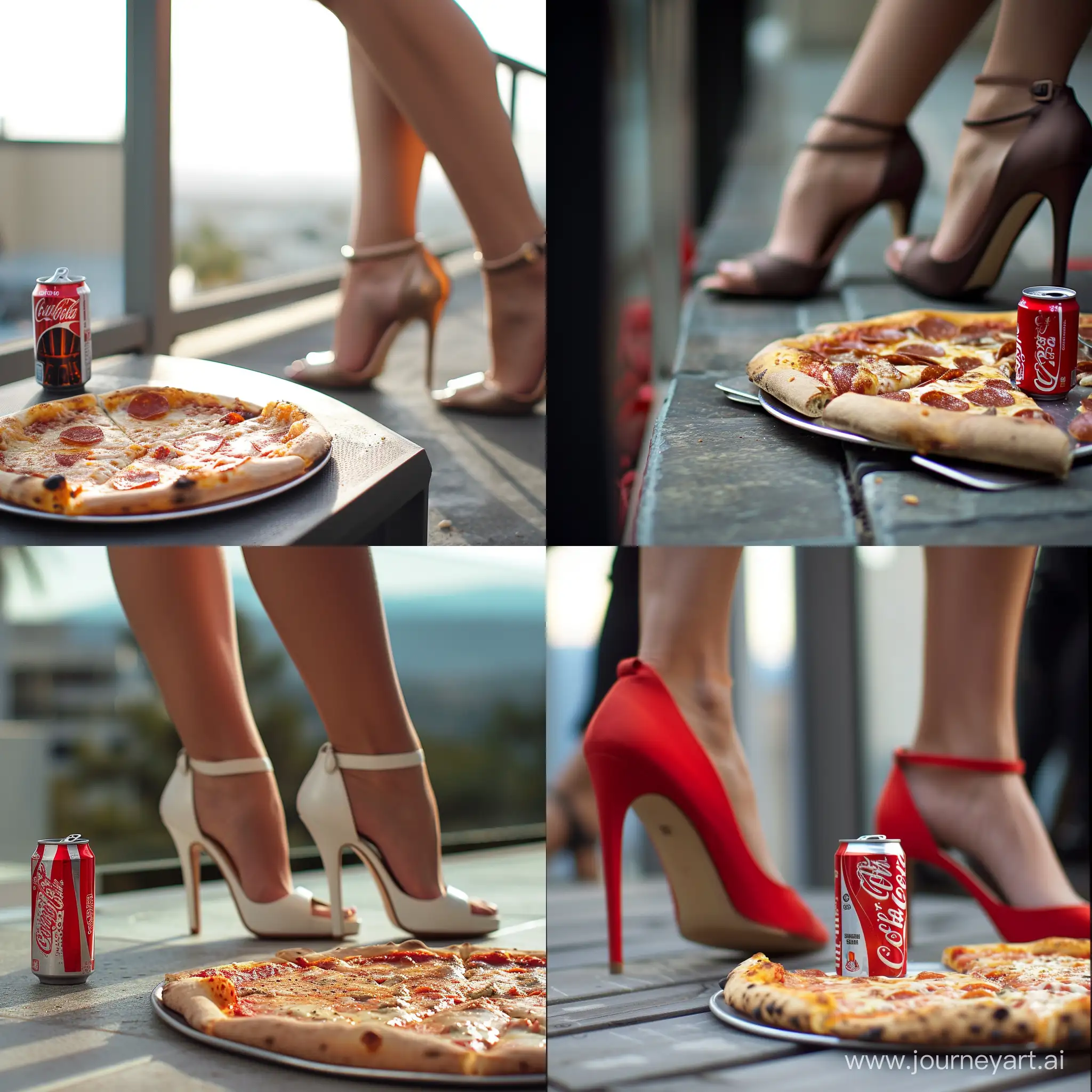 A woman wearing heels is enjoying lunch on the terrace while eating a can of cola and pizza. --v 6 --ar 1:1 --no 19129