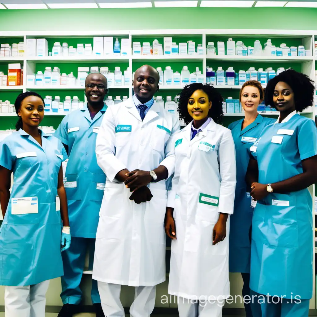African pharmacists in their uniforms marked (oxylife water) in a large pharmacy