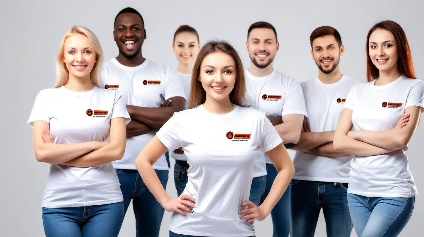 grupa zadowolonych pracowników w koszulkach z logo firmy z narzędziami