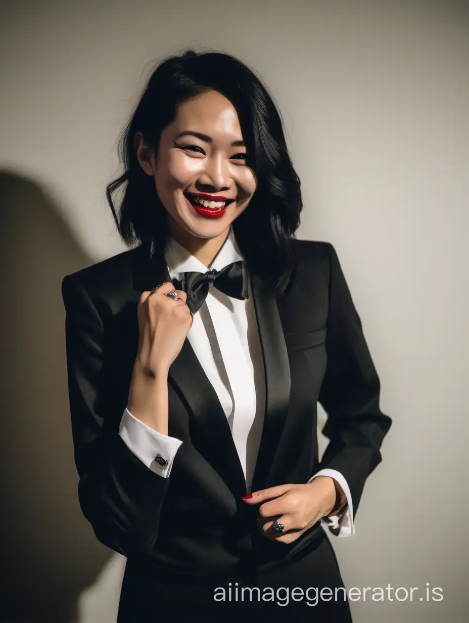 30 year old smiling and laughing Vietnamese woman with shoulder length black hair and lipstick wearing a tuxedo with a black bow tie. (Her shirt cuffs have cufflinks). Her jacket is open. Her jacket has a corsage. She is standing in a dimly lit room. Her hands are in her pockets.