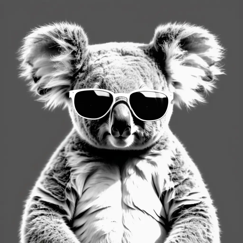 same image but black and white line koala facing forward with sunglasses