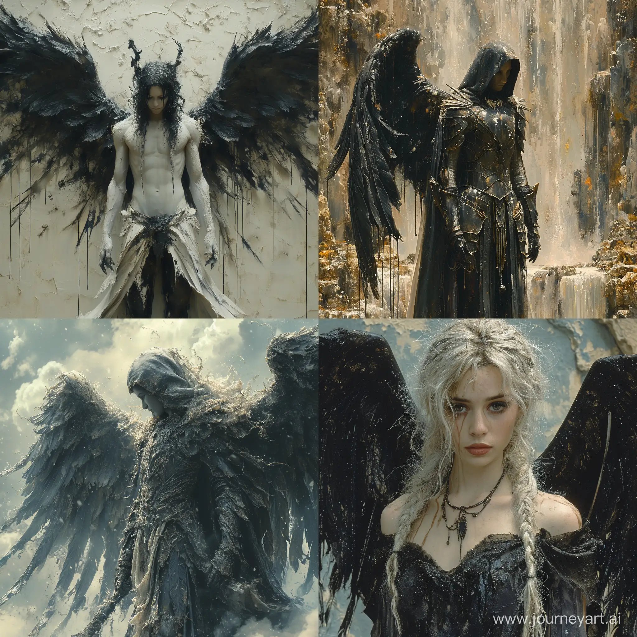 Diorama::1.5, dark angel with large black wings, standing in front of a sky background with white and blue hues, the angel has white hair and is wearing a armor-like outfit, the wings are spread out and there are black paint drips trailing from them, --s 1000 --quality 2