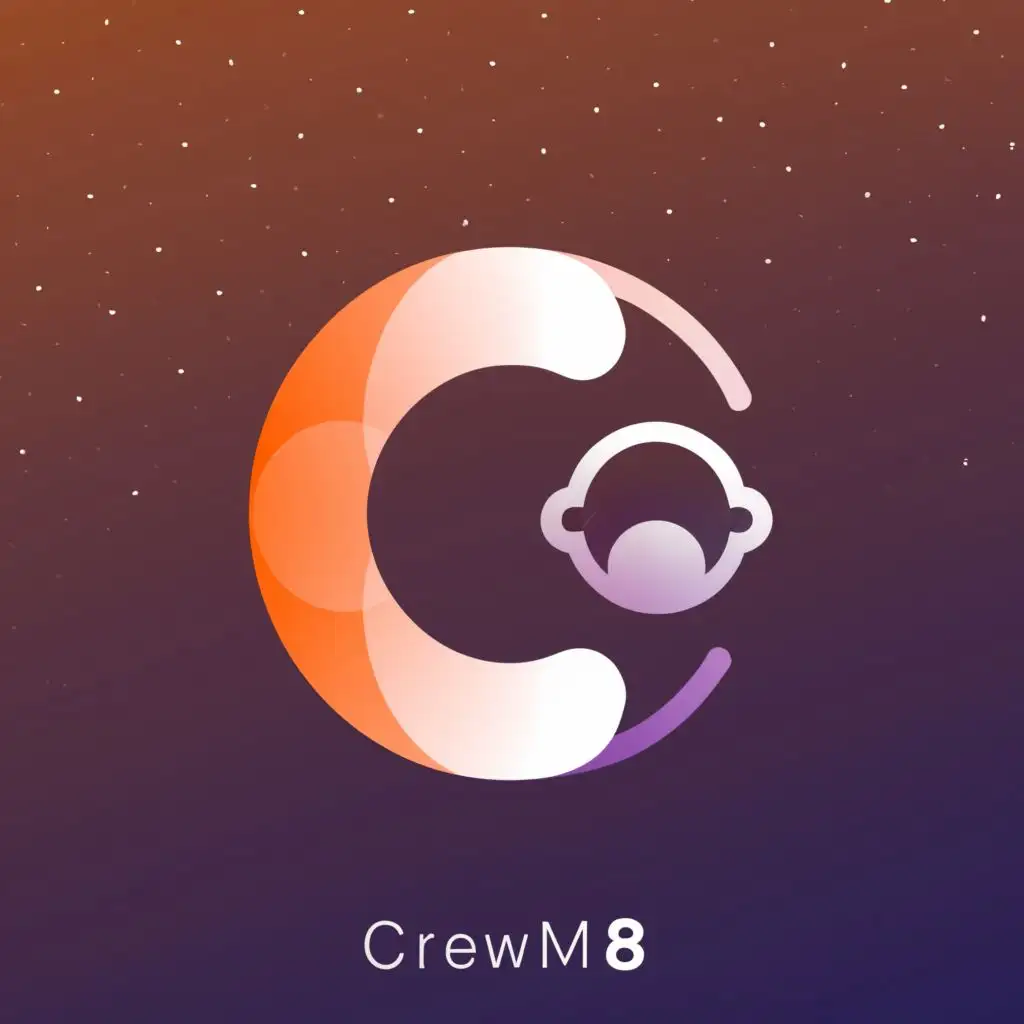 logo, ios logo, a sophisticated iOS app logo for 'crewm8' with a horizontal number '8' on its side boasting a seamless orange-to-light-purple gradient, integrating subtle space helmet by replacing one of the loops in the '8', ensuring a sleek and modern design that subtly alludes to collaboration in a tech-savvy environment, white background, with the text "crewm8", typography, be used in Internet industry