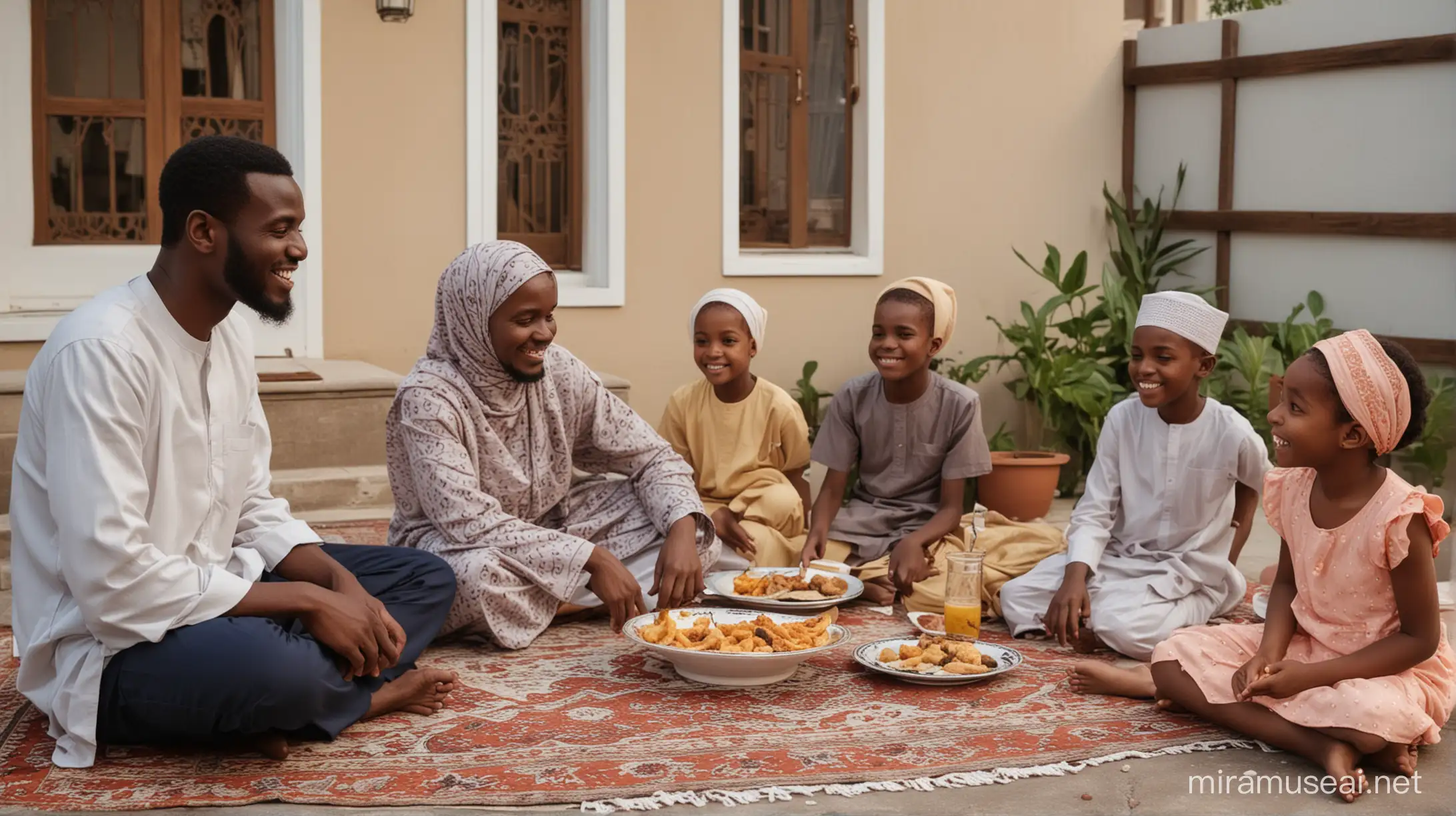 African muslim family celebrating Ramadan with kids and neigbours

