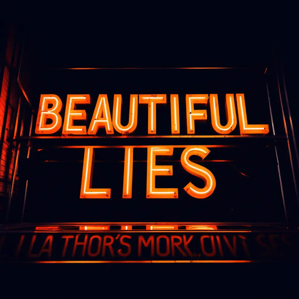 “Beautiful Lies” written in neon lights, Orange lighting, city at night, professional photography style