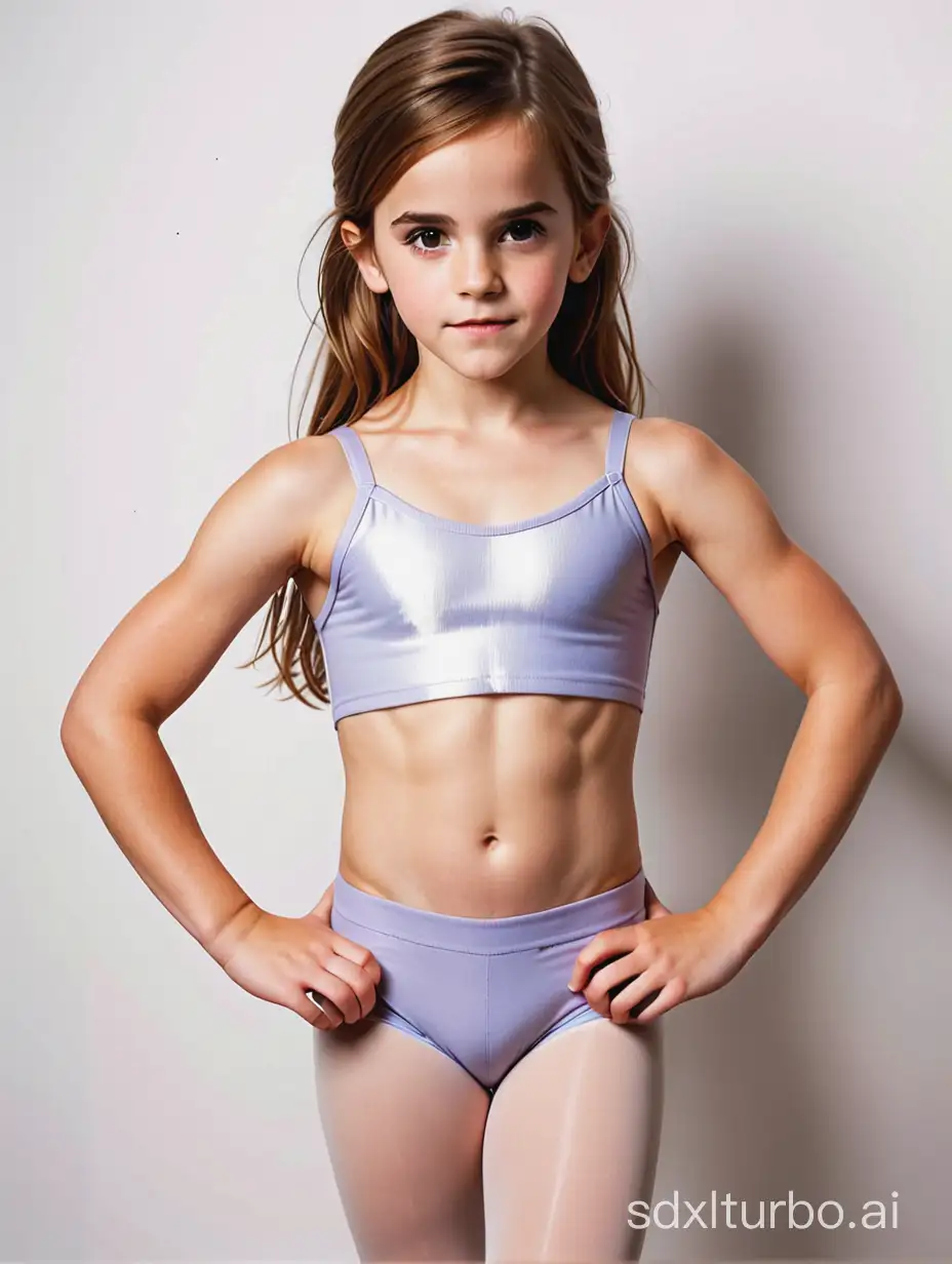 Emma Watson at 7 years old, long hair, muscular abs, showing her belly, ballet