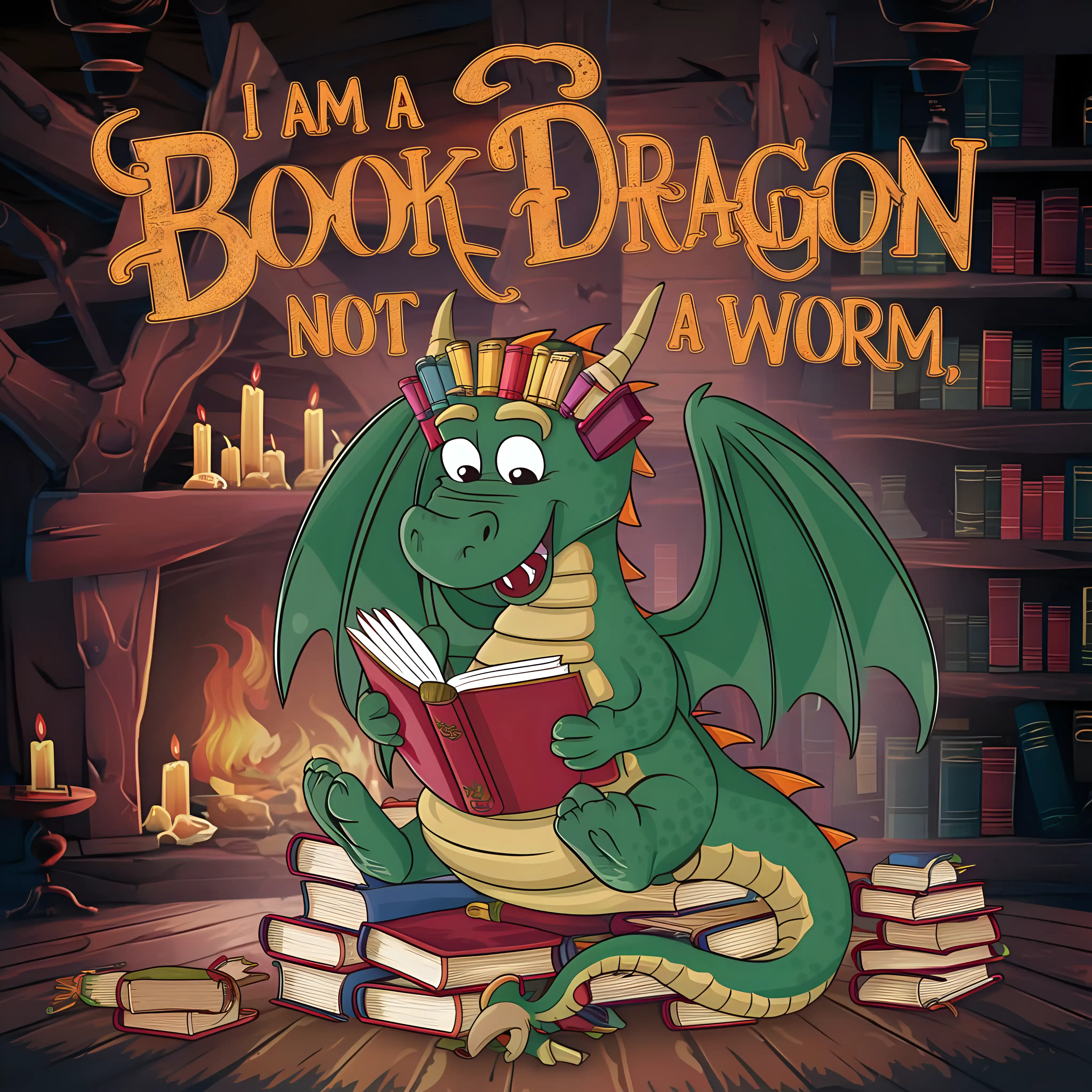 vector art, "I am a book dragon, not a worm" typography, Rustic style font, cartoon dragon reading a book