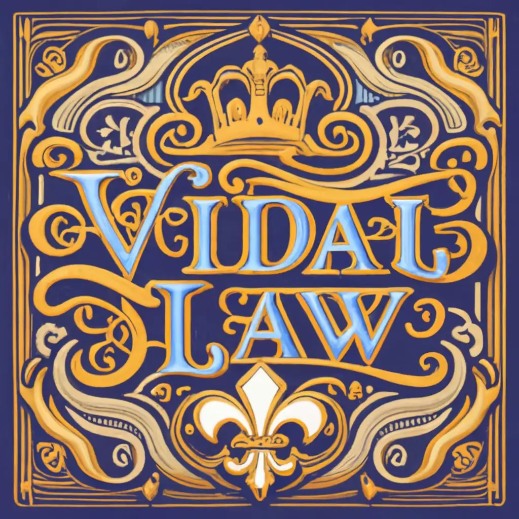 logo, fleur de lis that morphs into the scales of justice, royalty, with the text "Vidal Law", typography, modern font