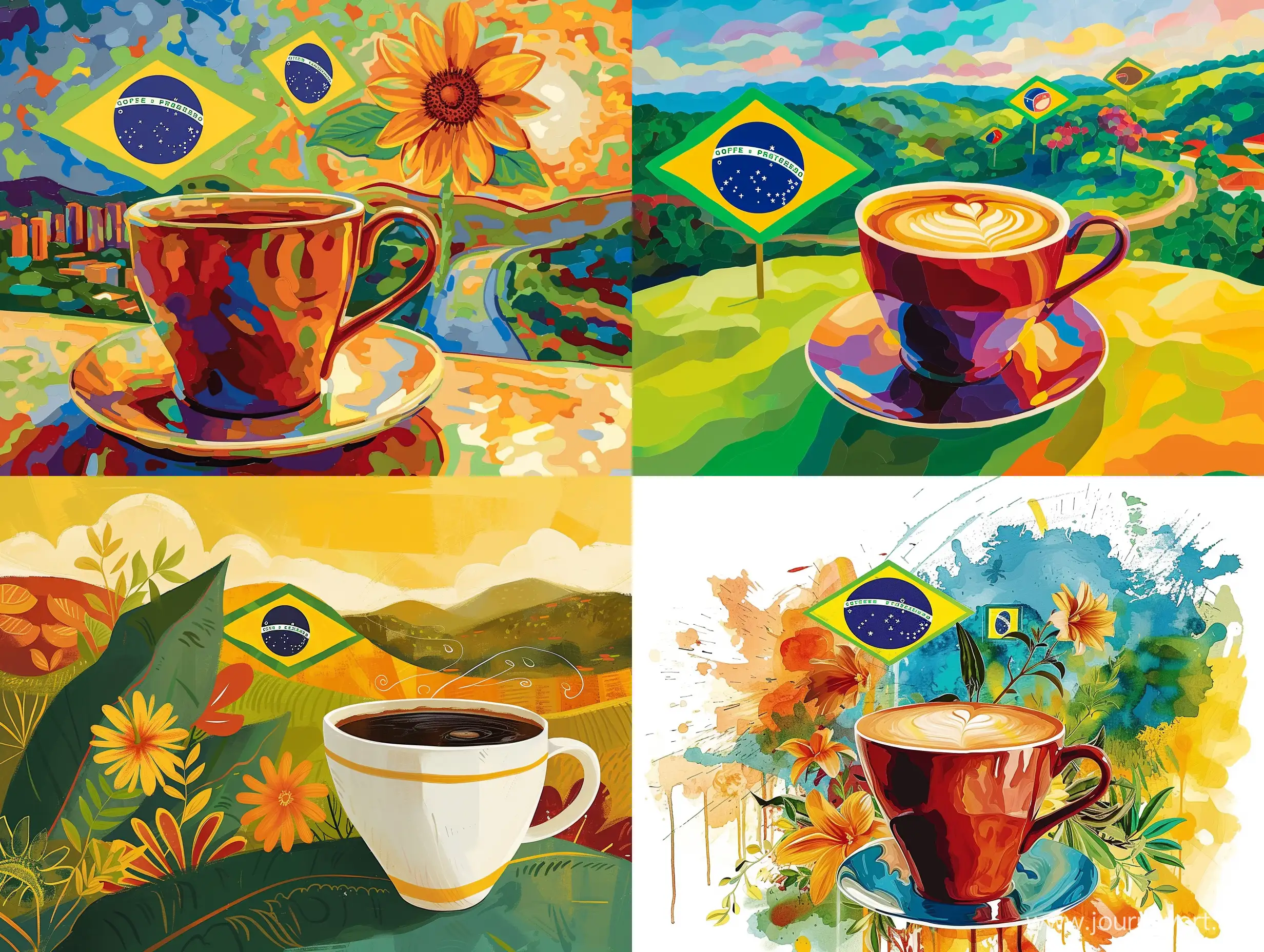 Иллюстрации в стиле Color Field Painting большая чашка кофе и символы Бразилии на заднем плане 