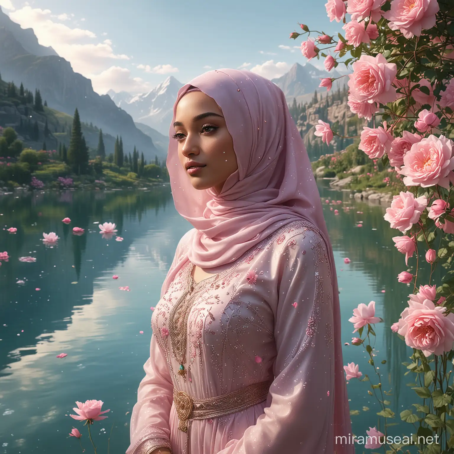 The image was created digitally and shows a **beautiful female character wearing a hijab**. The characters are adorned in graceful, flowing dresses that appear to be made of water or some fine material. She wore a headdress with flowers and beads hanging next to her face. The background depicts a serene and magical landscape with towering mountains, a calm lake surrounded by blooming pink roses. The splash of water around it adds to the mystical aura of the scene. The color palette consists of soft pinks, blues, and greens creating a charming atmosphere. hyperrealistic. Extreme UHD