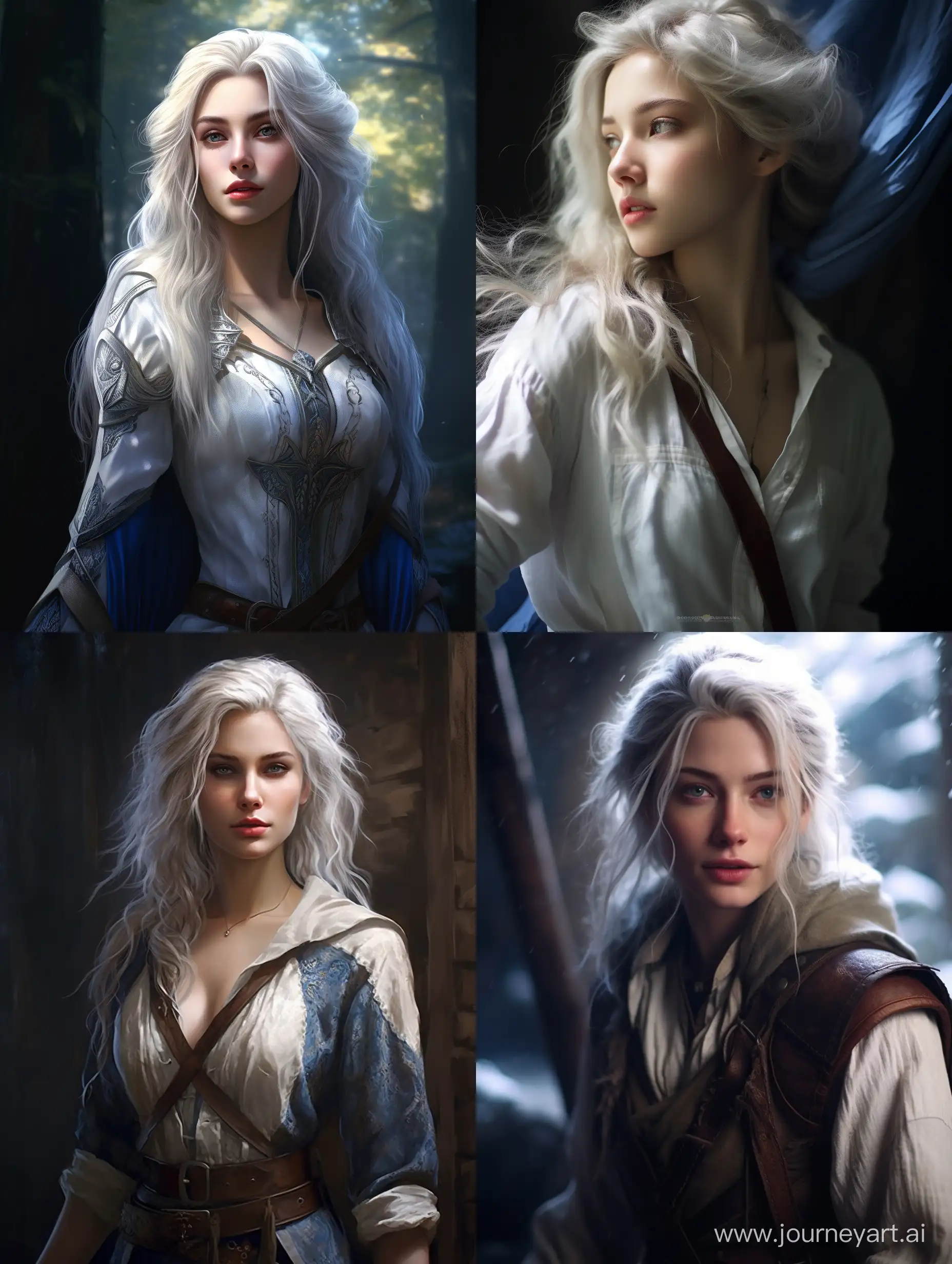 young woman elf, white hair, explorer clothings blue and white clothing, portrait