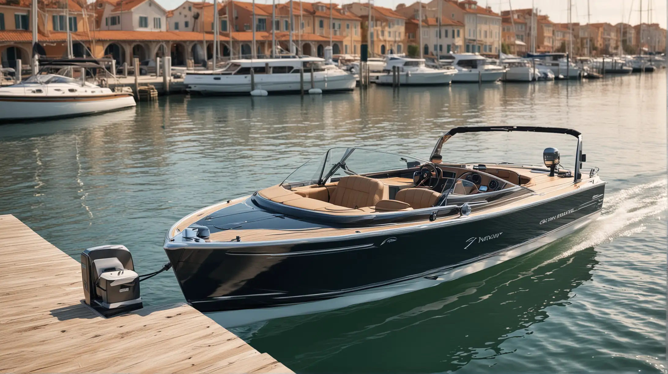Create a realistic image of an electric (EV) Riva boat (gentlemen's runabout) being charged by an EV charger installed near the edge of a marina dock