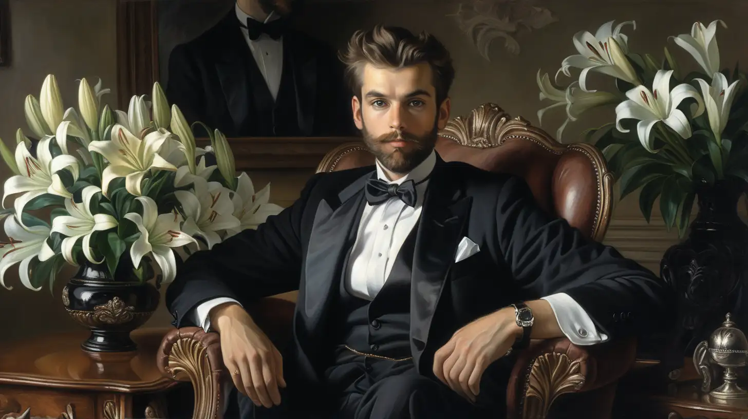 portrait d’un jeune homme, 30 ans environ, barbe, cheveux bruns avec des reflets blonds, cheveux mal coiffés, regard sombre, sourire en coin, costume de smoking, chemise blanche, noeud papillon noir, dandy, il est assis sur un fauteuil, guéridon en bois avec un vase avec des lys blancs et un crâne humain, plan large, réaliste, arrière-plan entièrement vide et noir, peinture dans le style de john singer sargent