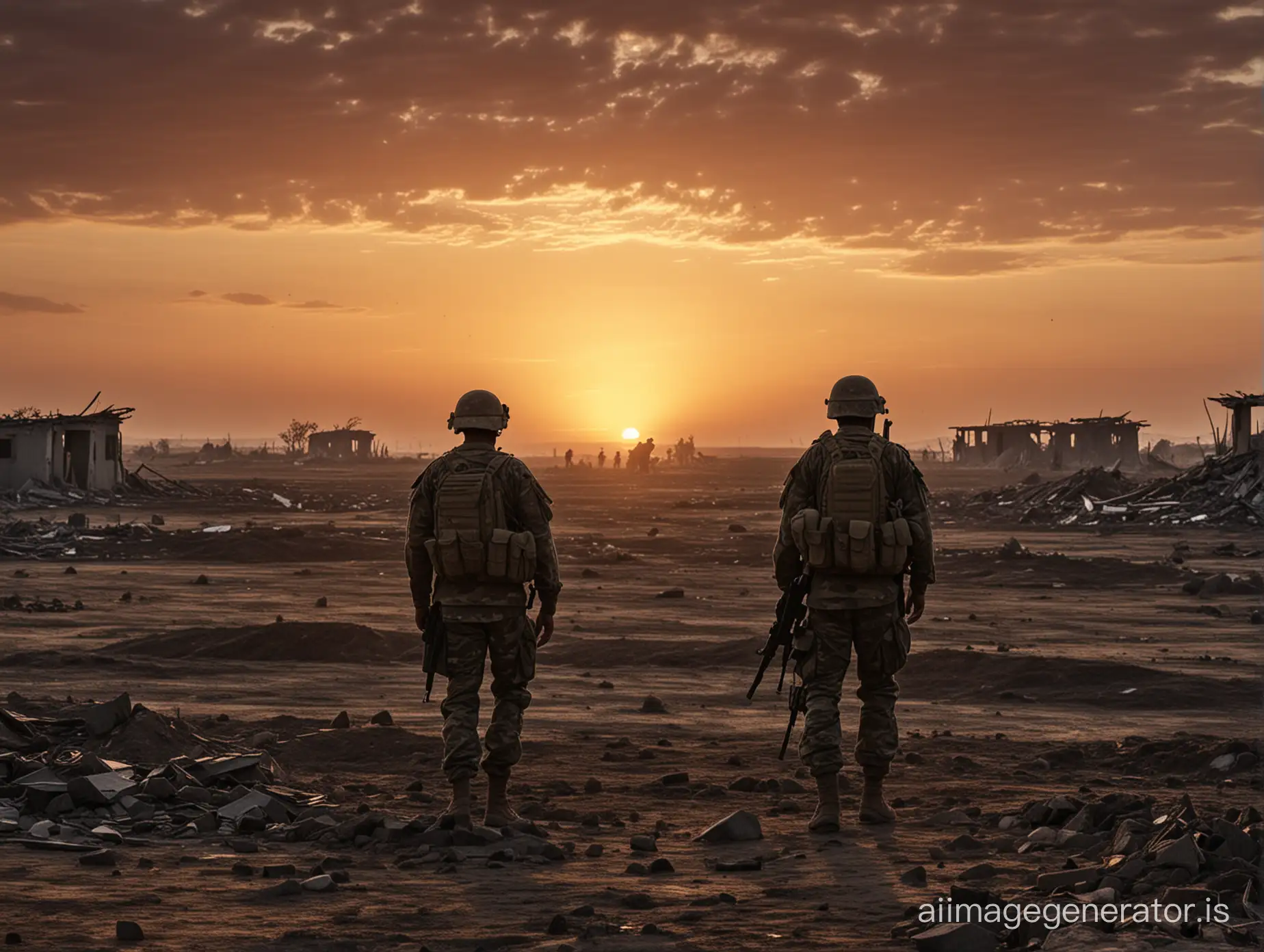 Soldiers stand against the sunset with their backs to the observer, in the distance stretches an endless field and destroyed houses, the picture is darkened