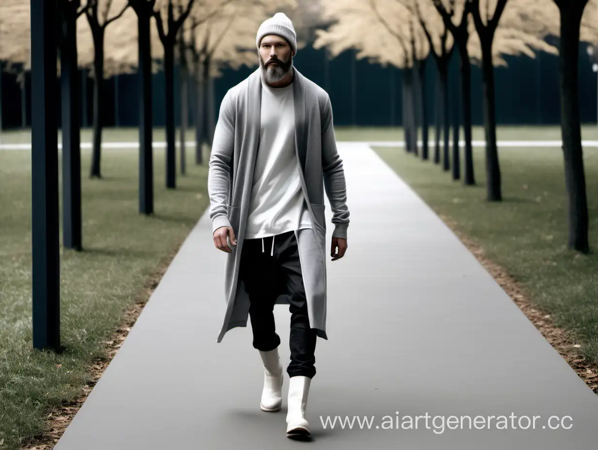 a handsome bold man with beard, walking in a park, wearing clothes from the brand rick owens. white boots. long grey cardigan. beanie hat.