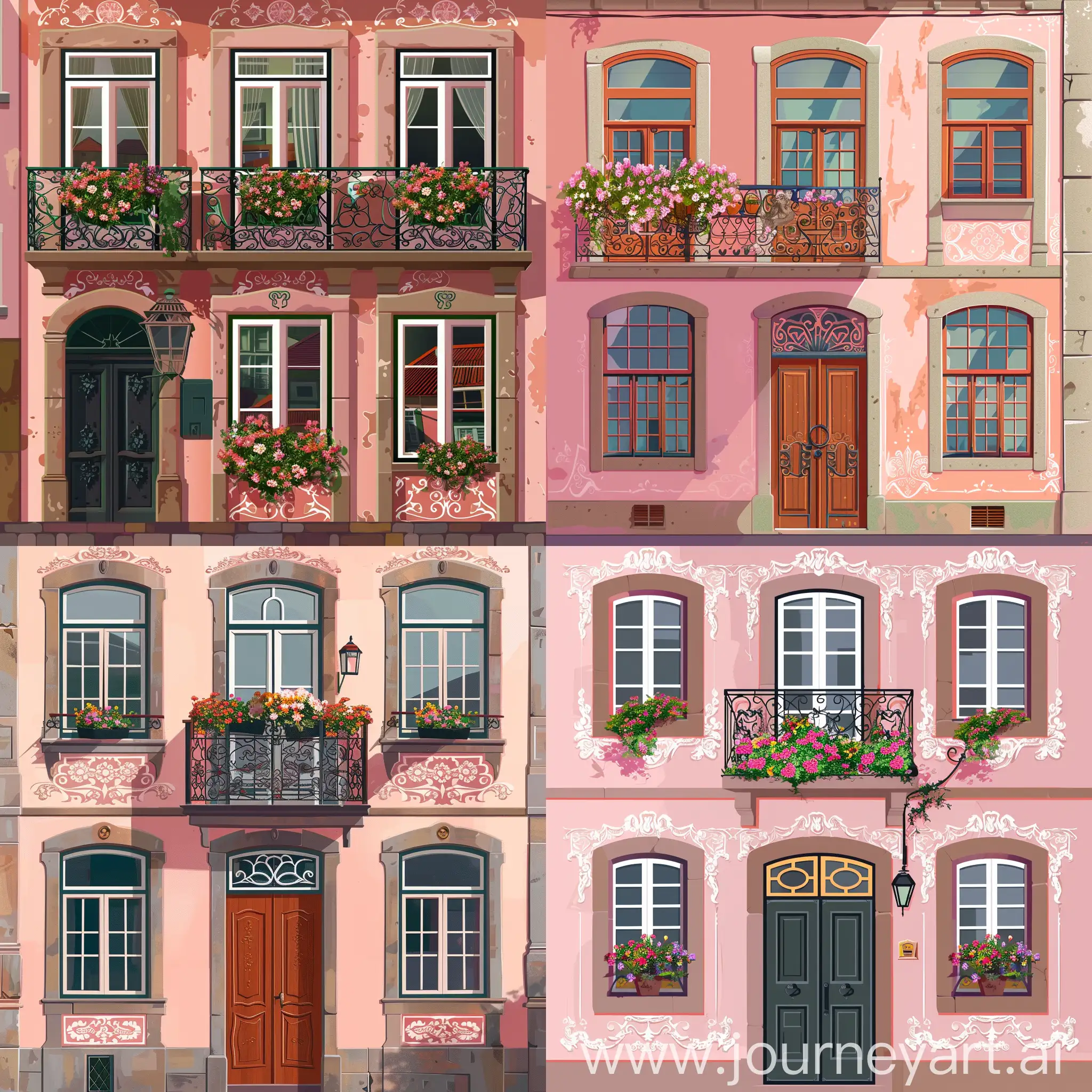 a building with one door and three windows plus a balcony with flowers in Porto, Portuguese style, pink walls with ornament, in high quality flat style