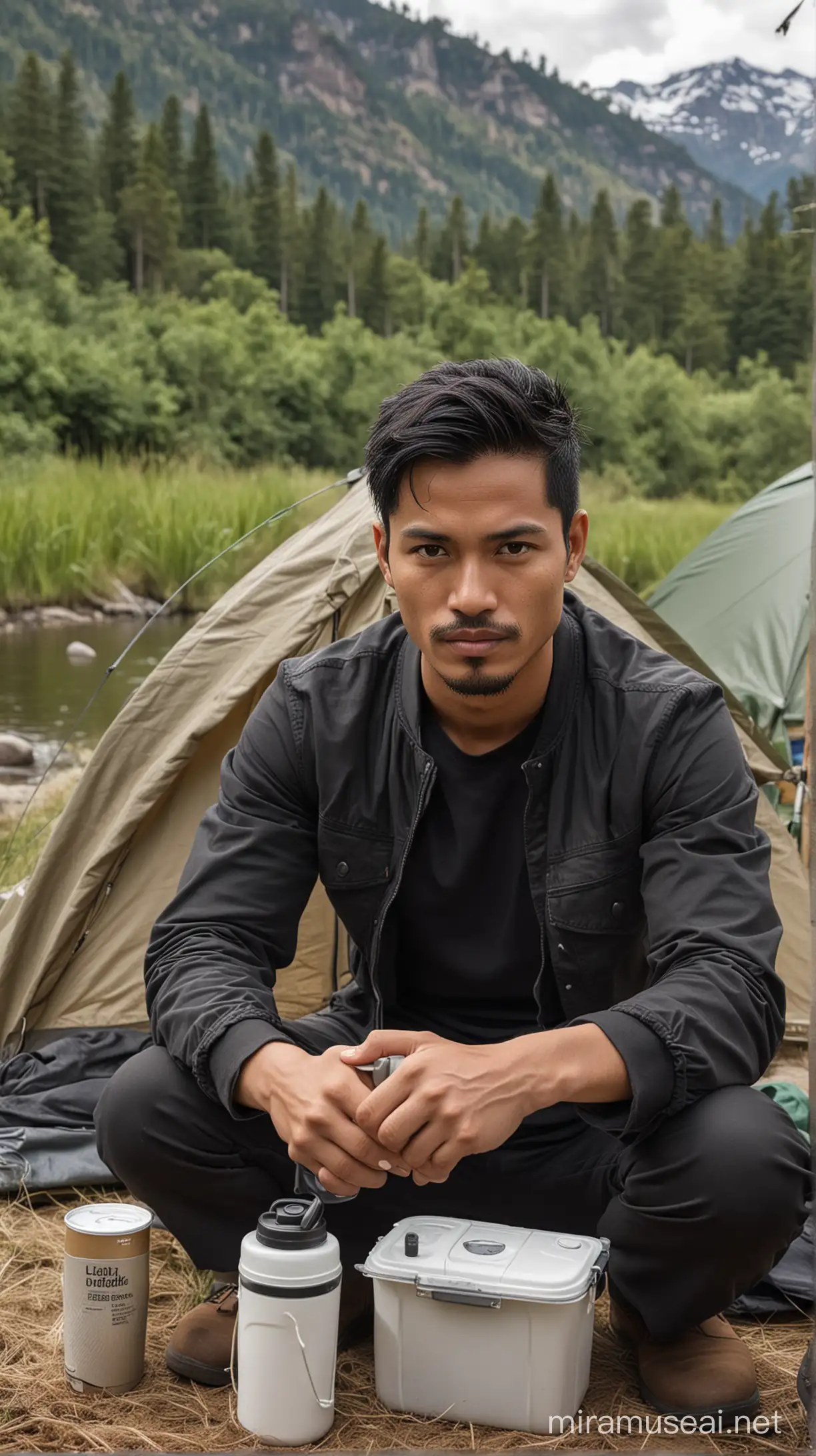 Indonesian Man Enjoying Coffee by American River in Mountainous Landscape