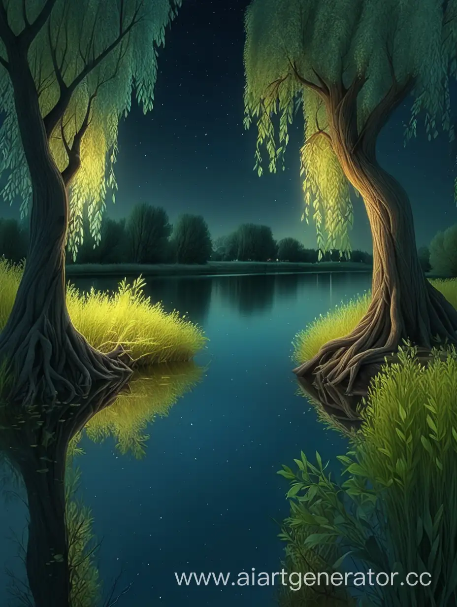  ночная река и большие ивы с красивыми ветвями и листьями 