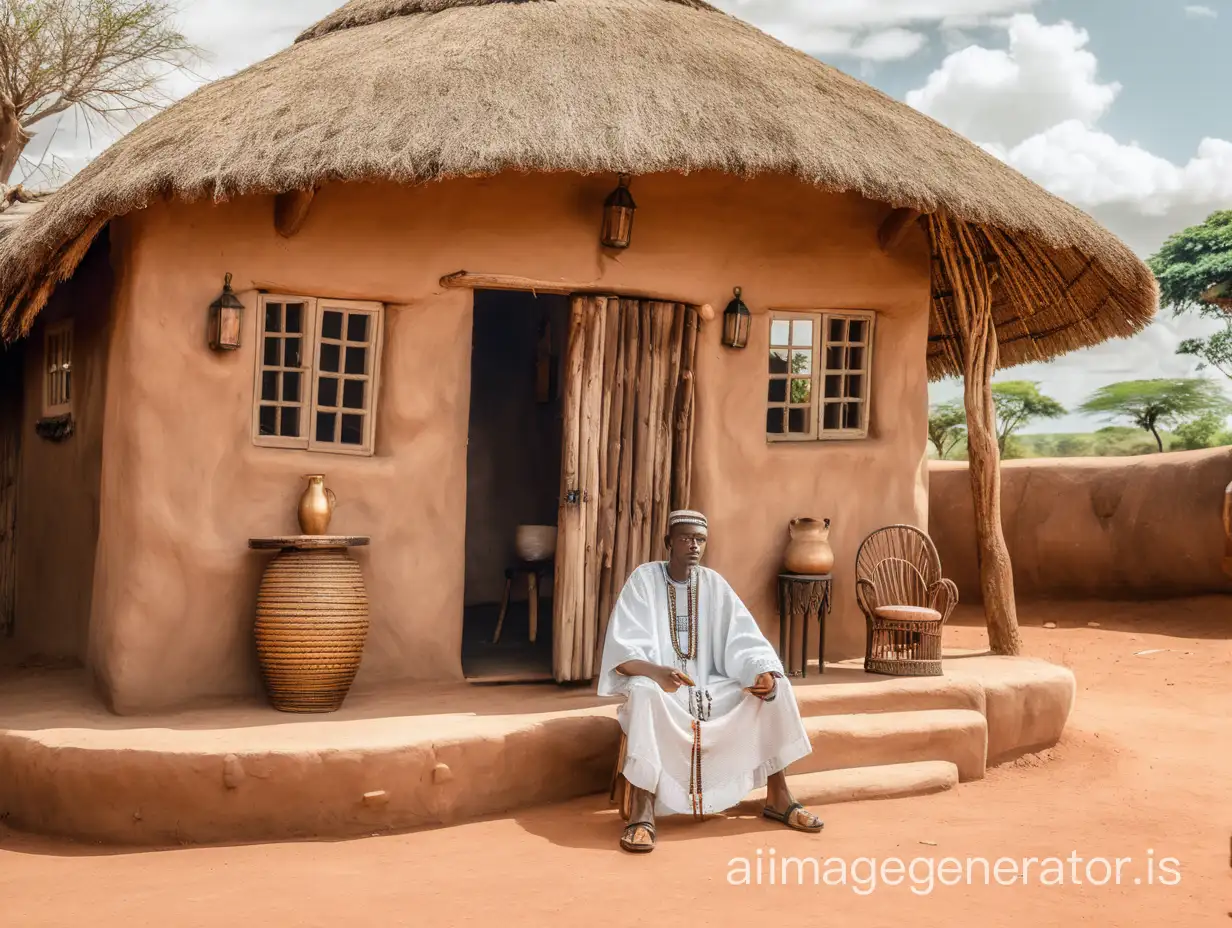 A man seated on a chair in front of his beautiful African traditional house