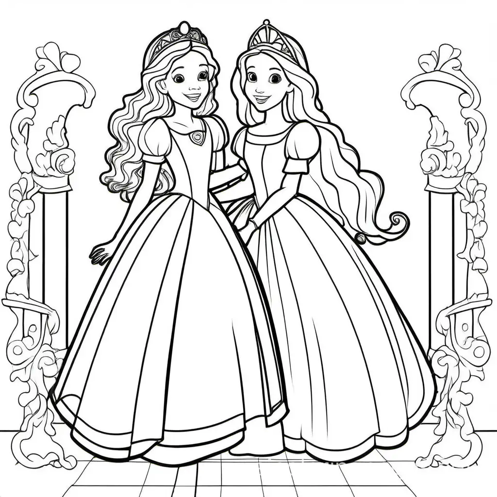Princess with her little sister full bodt picture, Coloring Page, black and white, line art, white background, Simplicity, Ample White Space. The background of the coloring page is plain white to make it easy for young children to color within the lines. The outlines of all the subjects are easy to distinguish, making it simple for kids to color without too much difficulty