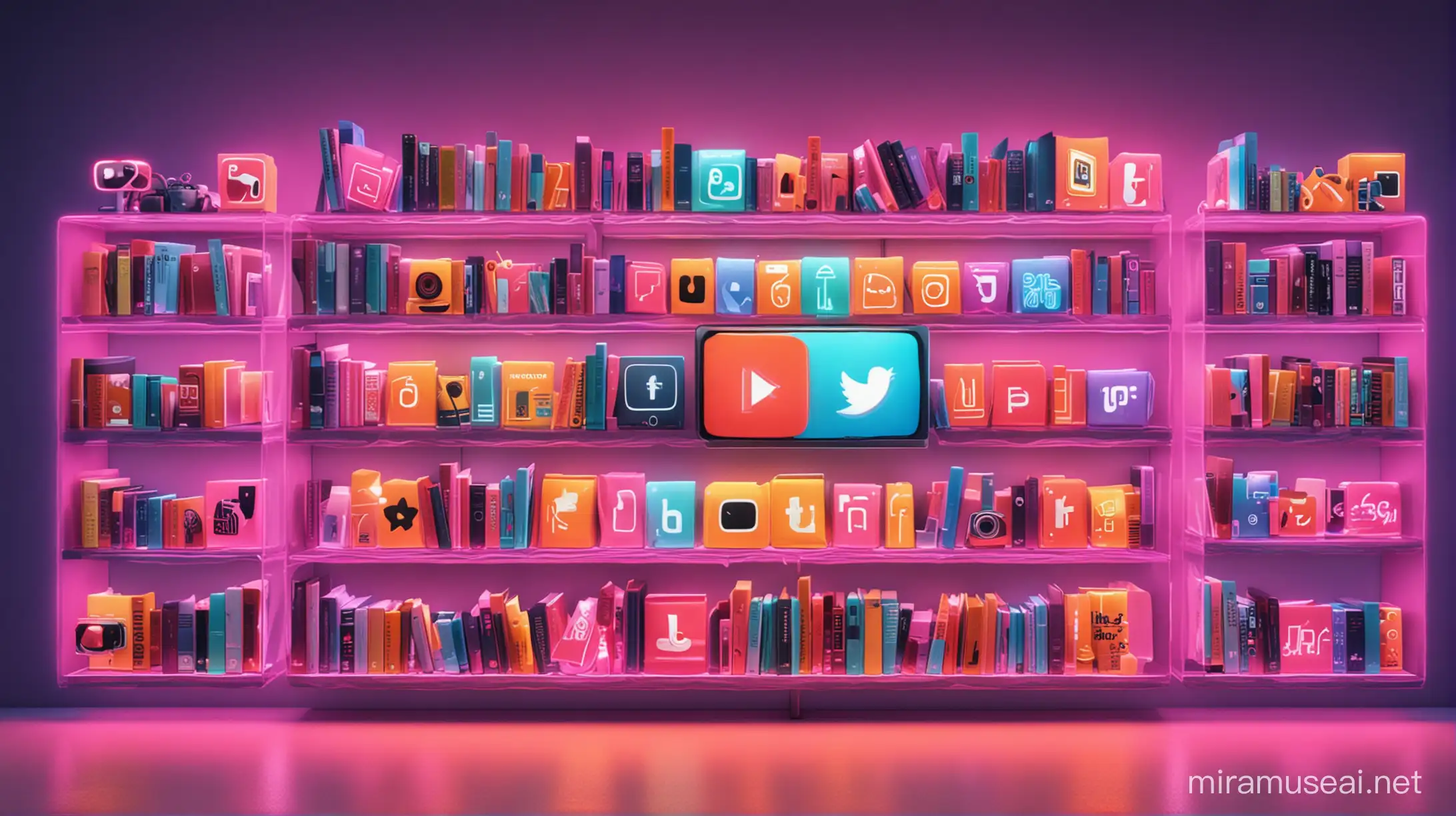 A 3D illustration in a vibrant neon color scheme: a library shelf overflowing with glowing books, videos, and images. Each item displays an icon representing a different social media platform (YouTube, Instagram, TikTok, etc.). Aspect ratio 16:9.