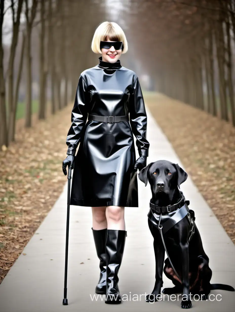Слепая Девушка с короткой стрижкой, платье из черного латекса, сапоги, собака поводырь