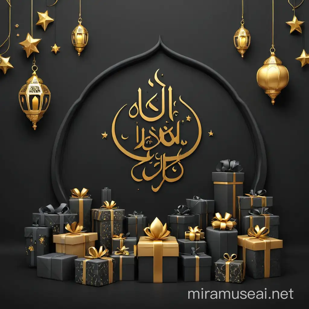 Eid mubarak poster in shades of black with images of gifts